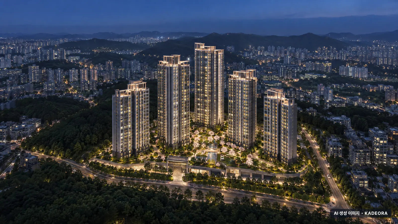 신문 대상 웰라움 라시엘 5개동·최고 29층·총 375세대 기준 AI 상상도(야경) — 실제와 다를 수 있음