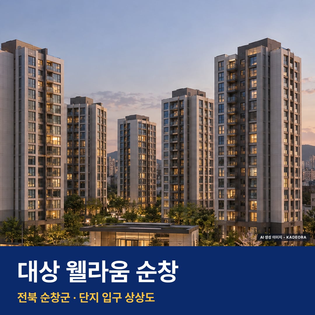 대상 웰라움 순창 재개발 대상 웰라움 순창 단지 전경 AI 상상도 — 순창군 순창읍 264세대 — AI 생성 상상도 · 실제와 다를 수 있음