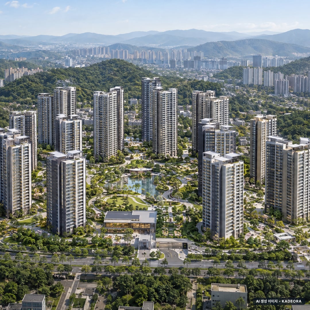 에코델타시티 푸르지오 트레파크(11BL) 단지 전경 AI 상상도(주간 항공) — 부산 강서구 착공 1,370세대