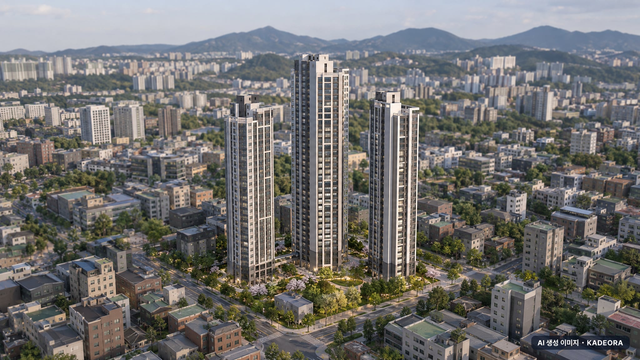 숭의역 노르웨이숲 더 스카이 3개동·최고 40층·총 324세대(이번 35세대 공급) 기준 AI 상상도(주간 항공) — 실제와 다를 수 있음