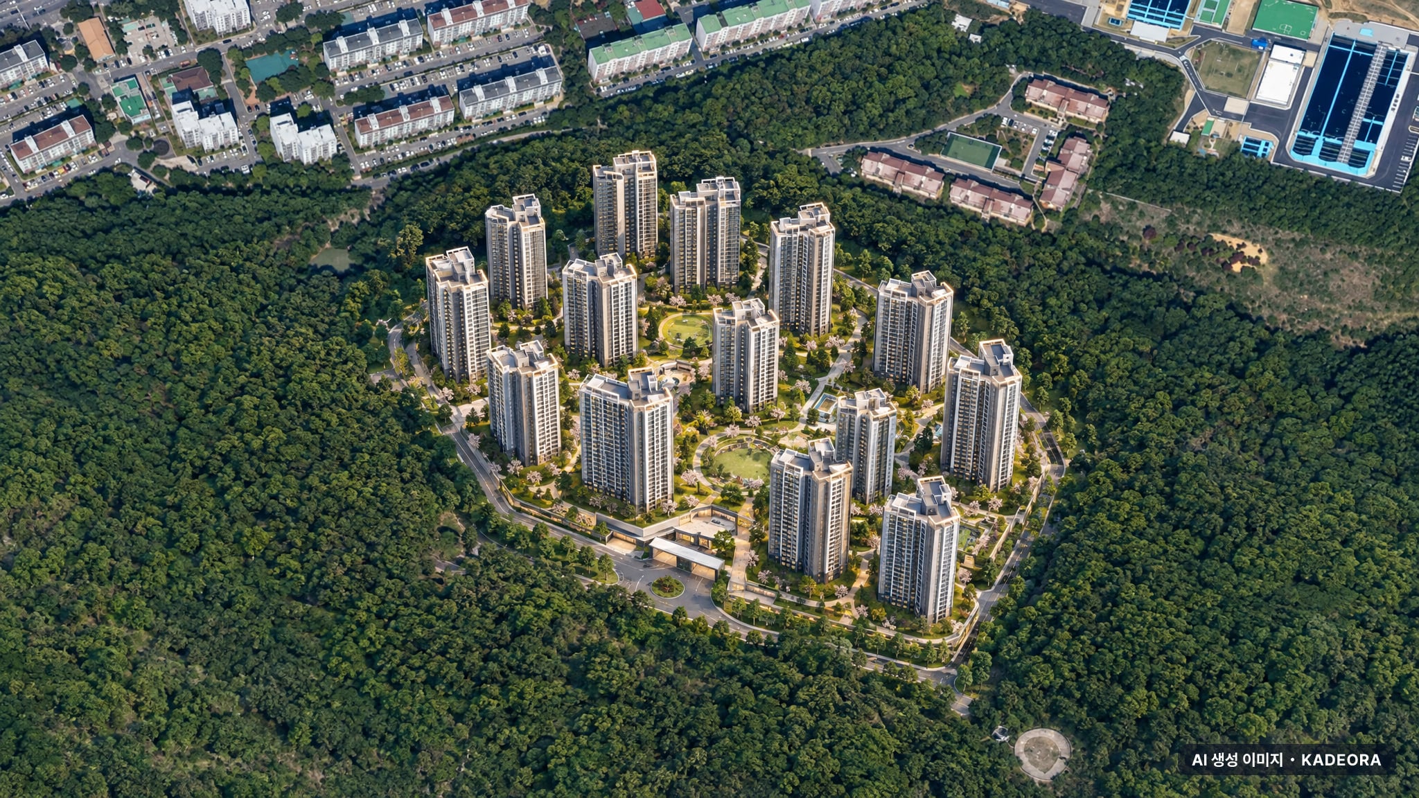 힐스테이트 죽림더프라우드 A2BL(민영주택) 주간 항공 상상도 · AI 생성 이미지로 실제와 다를 수 있음 힐스테이트 죽림더프라우드 A2BL(민영주택) 단지 전경 AI 상상도(주간 항공) — 전남 여수시 착공 129세대