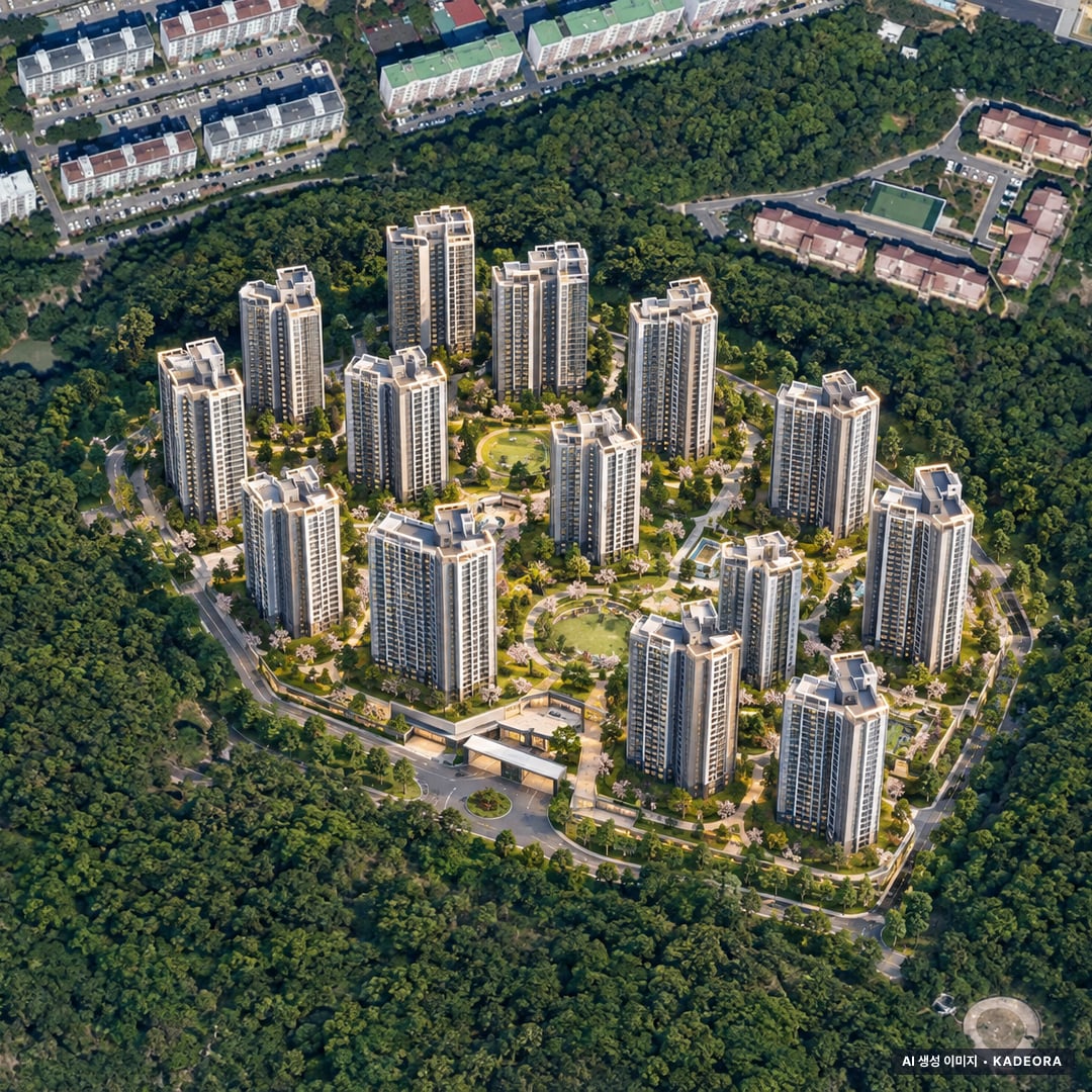 힐스테이트 죽림더프라우드 A2BL(민영주택) 주간 항공 상상도 · AI 생성 이미지로 실제와 다를 수 있음 힐스테이트 죽림더프라우드 A2BL(민영주택) 단지 전경 AI 상상도(주간 항공) — 전남 여수시 착공 129세대