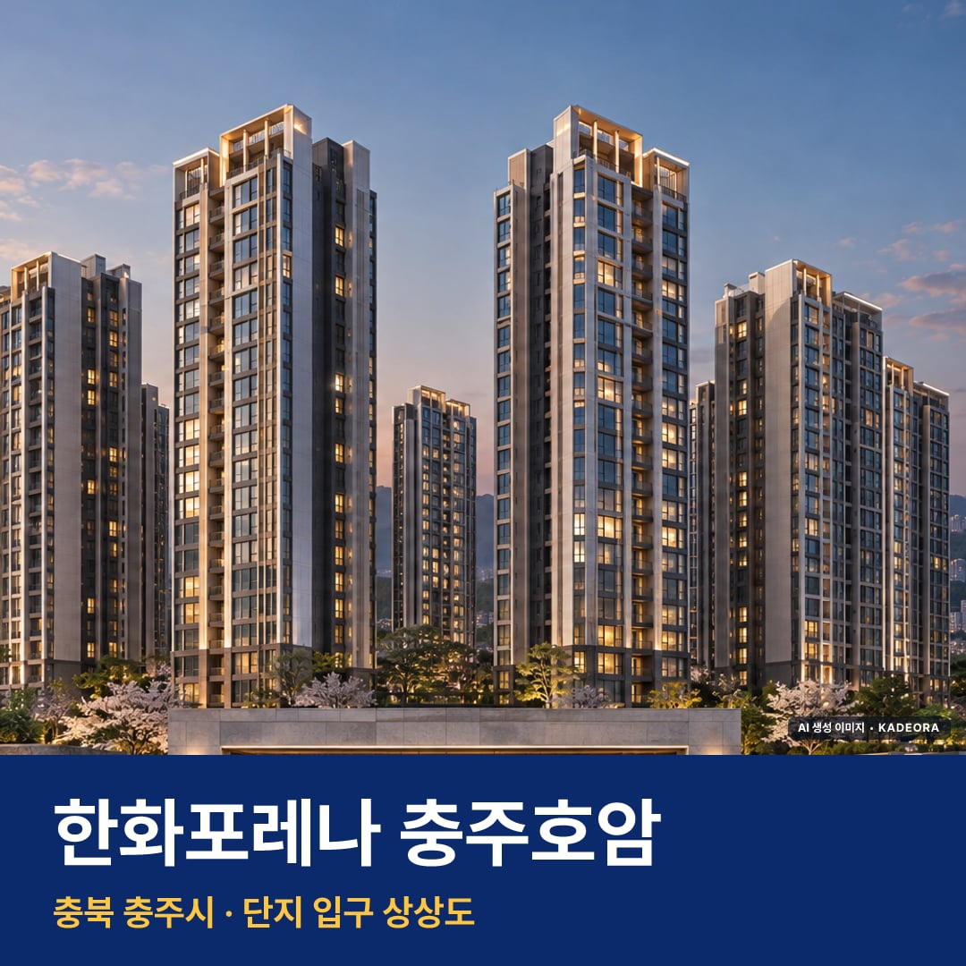 한화포레나 충주호암 재개발 한화포레나 충주호암 단지 전경 AI 상상도 — 충주시 호암동 173세대 — AI 생성 상상도 · 실제와 다를 수 있음