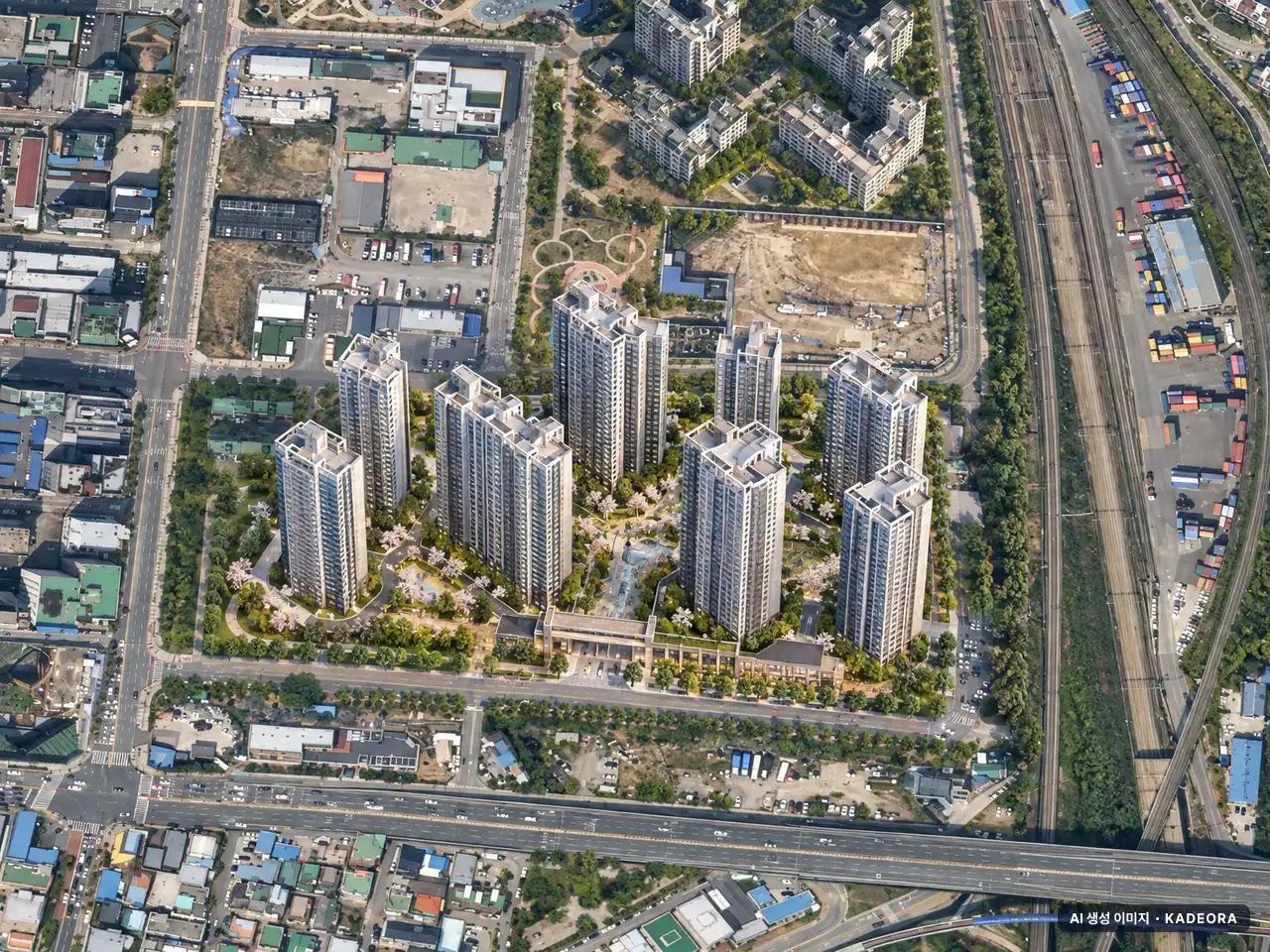 두정역 푸르지오 그랑피크 10개동·최고 35층·총 1,438세대 기준 AI 상상도 — 실제와 다를 수 있음 두정역 푸르지오 그랑피크 10개동·최고 35층·총 1,438세대 기준 AI 상상도(주간 항공) — 실제와 다를 수 있음