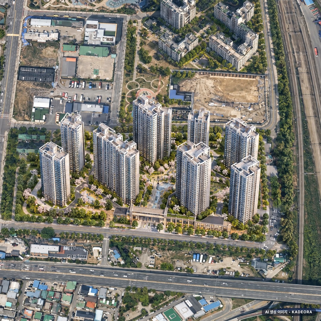 두정역 푸르지오 그랑피크 단지 전경 AI 상상도(주간 항공) — 충남 천안시 당첨자 발표 1,438세대