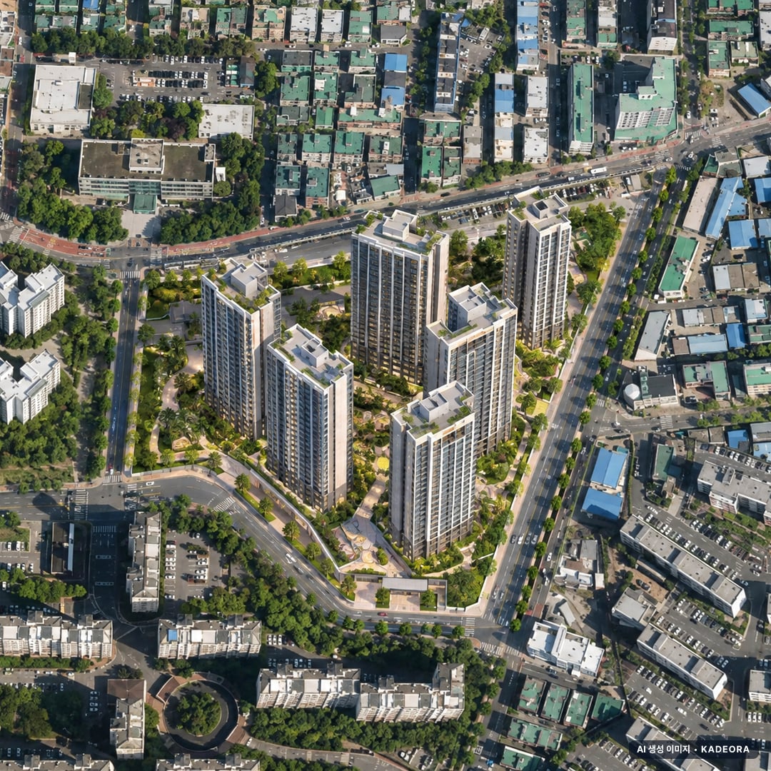 소사역 롯데캐슬 더 뉴엘 단지 전경 AI 상상도(주간 항공) — 경기 부천시 착공 983세대