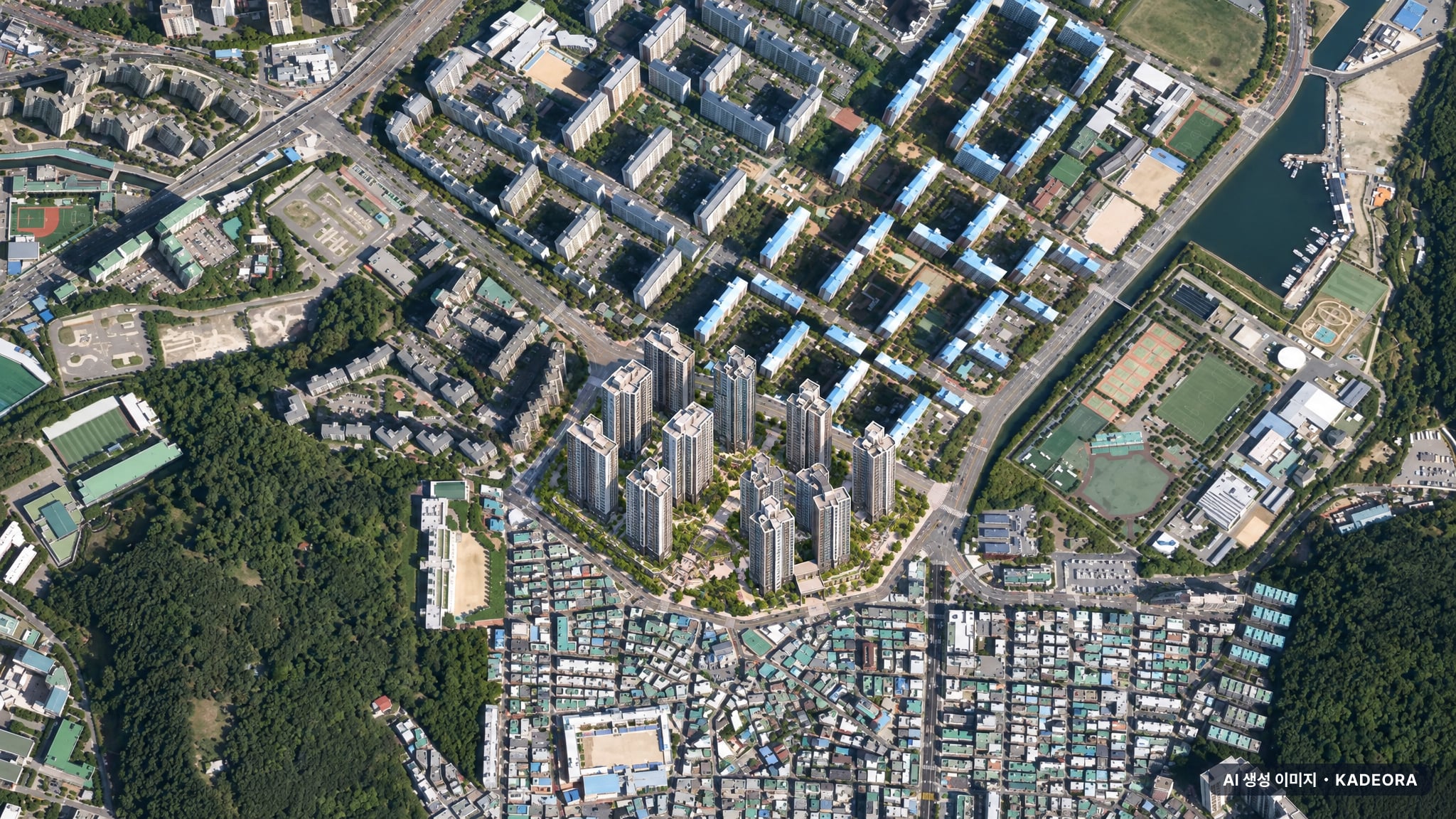 부산 남구 용호1 재개발 주간 항공 상상도 · AI 생성 이미지로 실제와 다를 수 있음 부산 남구 용호1 재개발 조감도 AI 상상도(주간 항공) — 부산 남구 부지계획 2,332세대