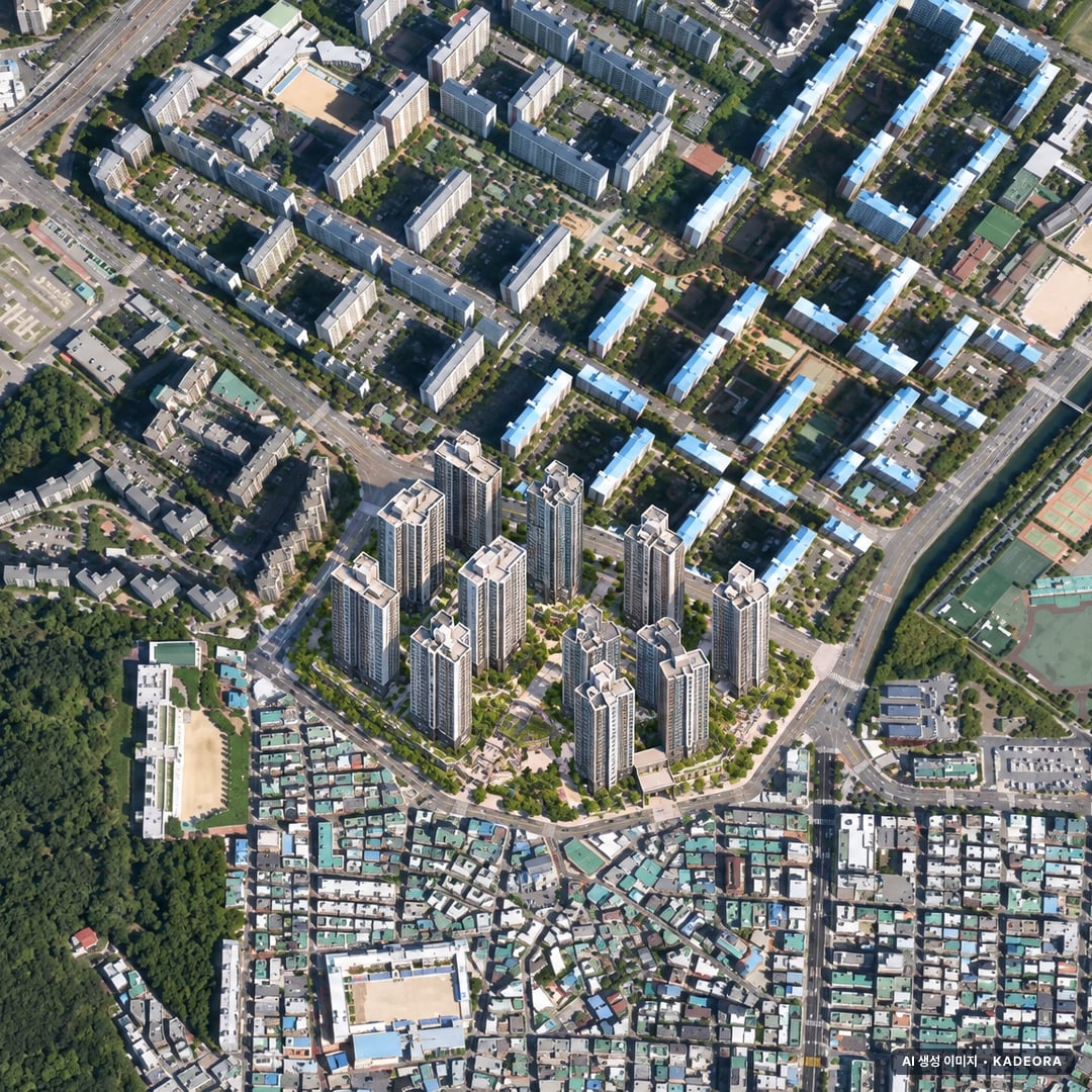 부산 남구 용호1 재개발 조감도 AI 상상도(주간 항공) — 부산 남구 부지계획 2,332세대