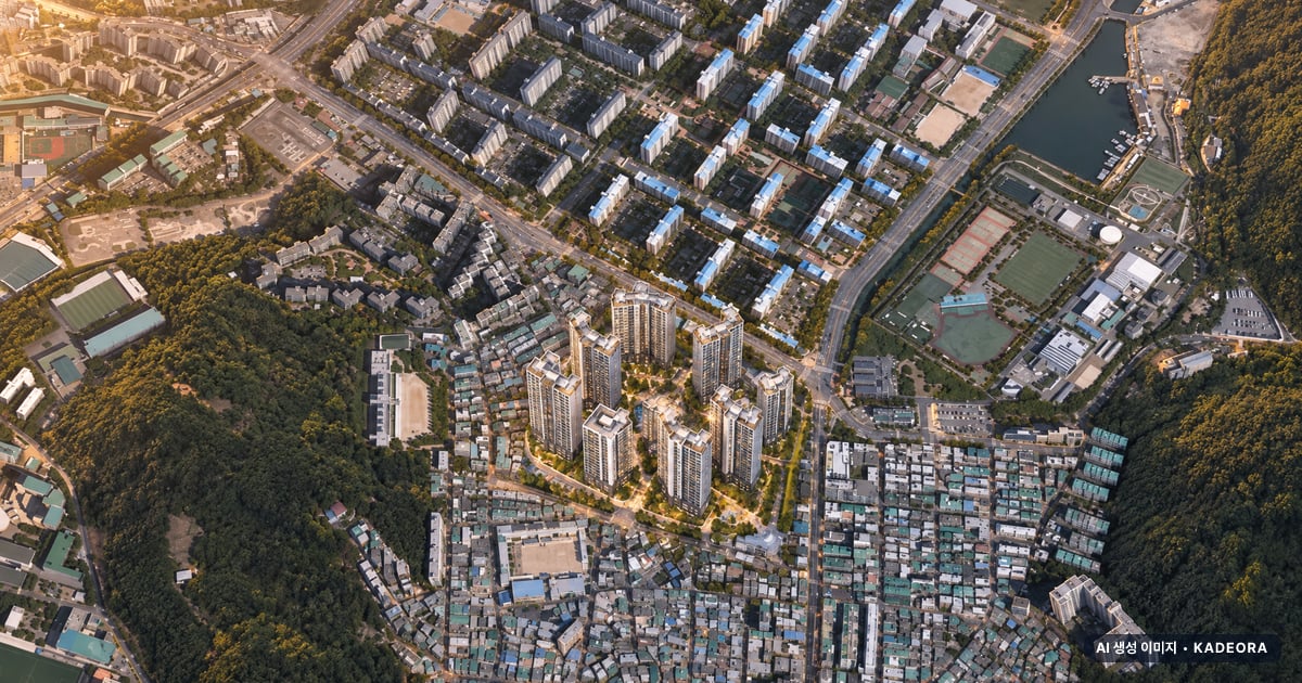 부산 남구 용호1 재개발 총 2,332세대 기준 AI 상상도 — 실제와 다를 수 있음 부산 남구 용호1 재개발 총 2,332세대 기준 AI 상상도(노을 항공) — 실제와 다를 수 있음