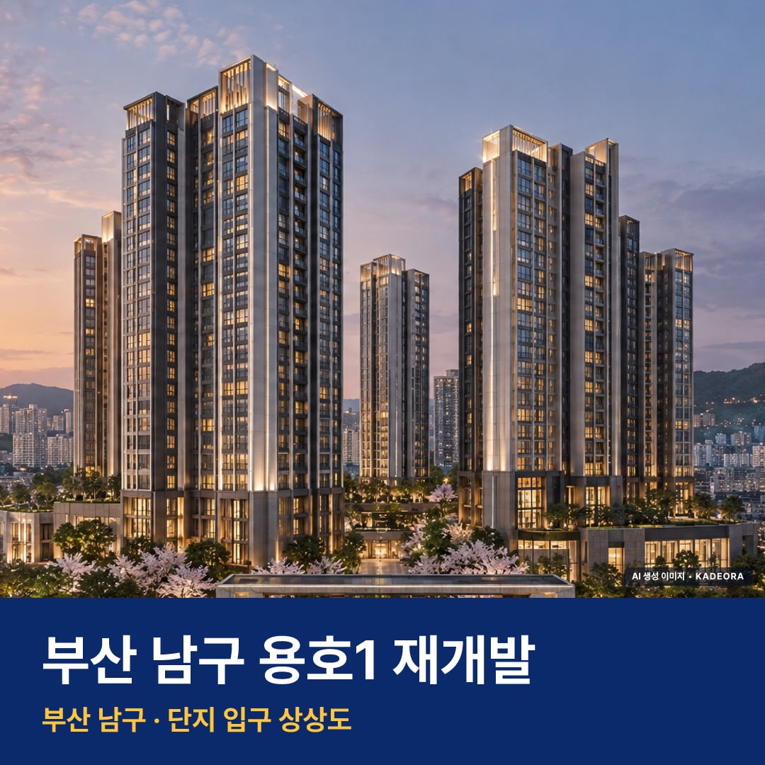 용호1 재개발 용호1 재개발 단지 전경 AI 상상도 — 남구 용호동 2,332세대 — AI 생성 상상도 · 실제와 다를 수 있음