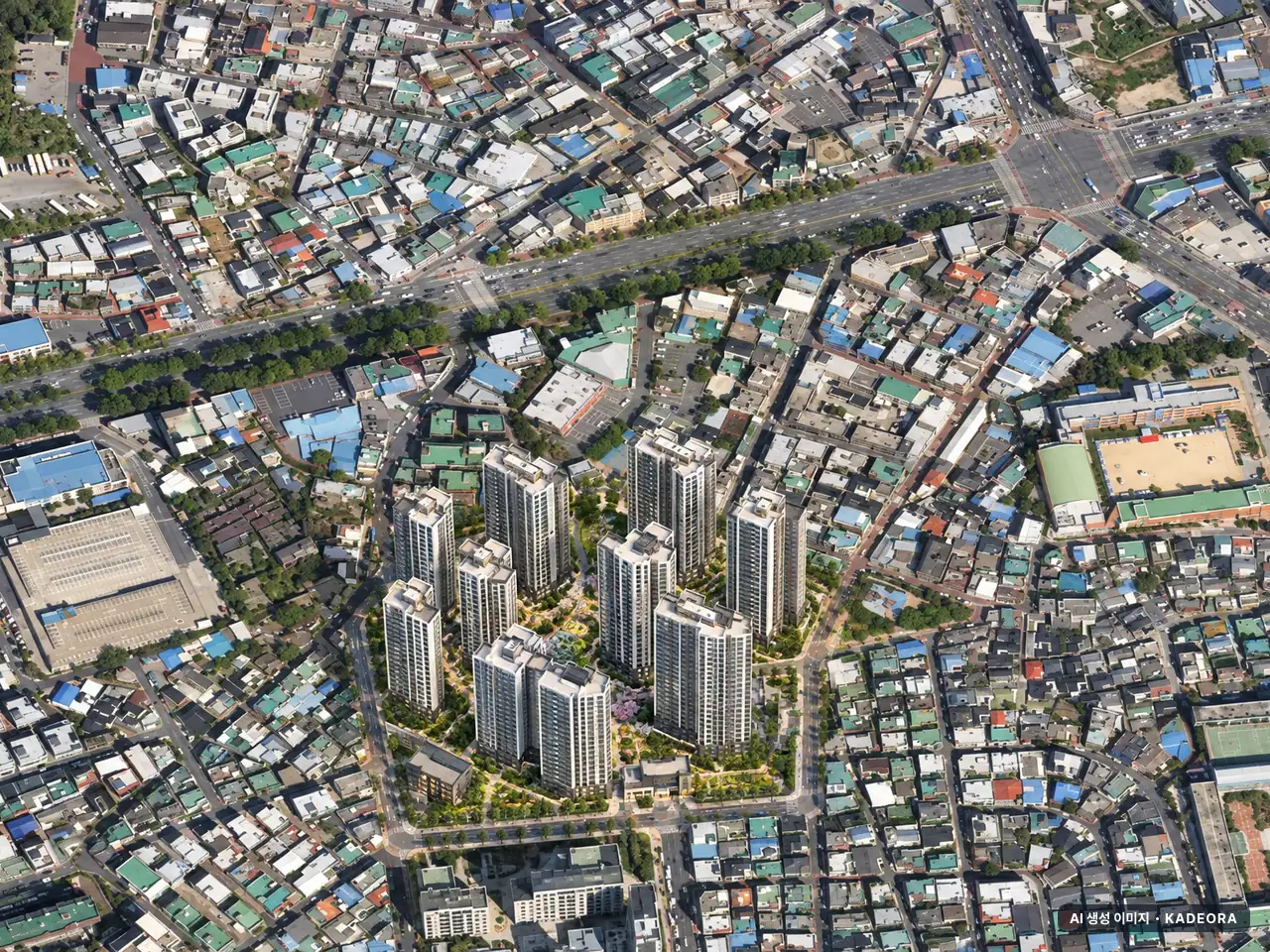 대구 반고개 재개발 단지 전경 AI 상상도(주간 항공) — 대구 달서구 시공사 선정 1,254세대
