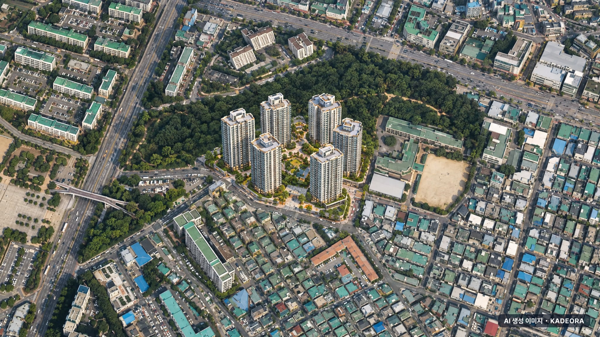 수원시 영통1구역 단지 전경 AI 상상도(주간 항공) — 경기 수원시 관리처분인가 884세대