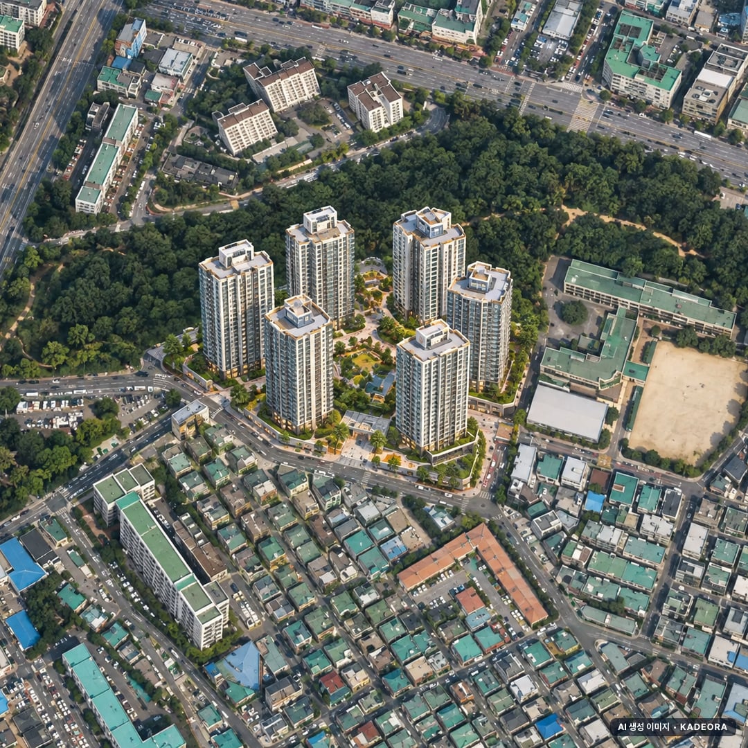 수원시 영통1구역 조감도 AI 상상도(주간 항공) — 경기 수원시 관리처분인가 884세대