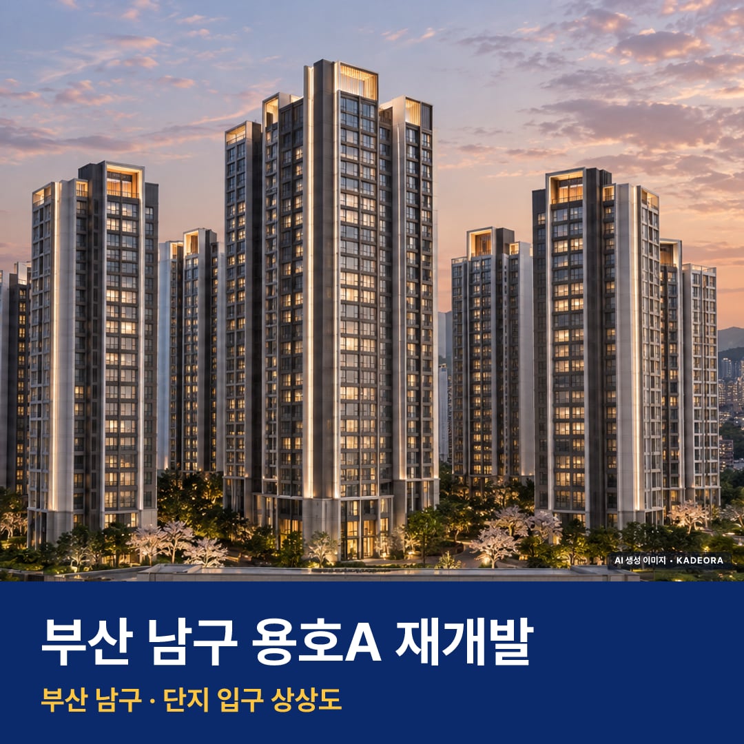 용호A 재개발 용호A 재개발 단지 전경 AI 상상도 — 남구 용호동 908세대 — AI 생성 상상도 · 실제와 다를 수 있음