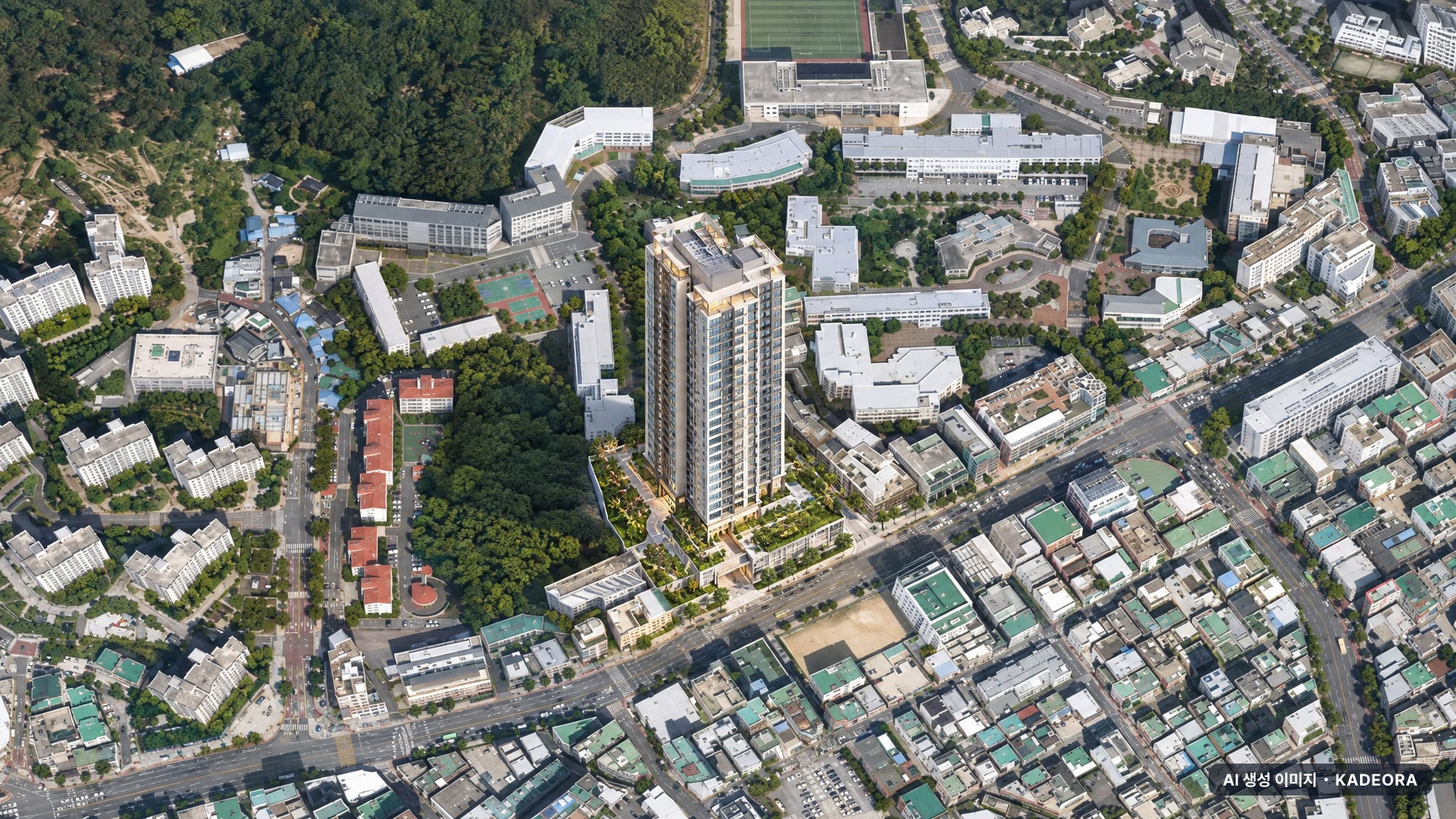 경성대부경대역 비스타동원 더 프리미엄 주간 항공 상상도 · AI 생성 이미지로 실제와 다를 수 있음 경성대부경대역 비스타동원 더 프리미엄 단지 전경 AI 상상도(주간 항공) — 부산 남구 착공 103세대