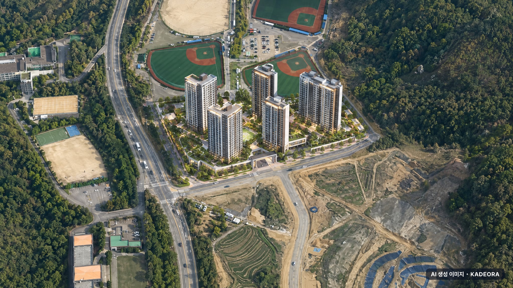천안 동문 디 이스트 파크시티 단지 전경 AI 상상도(주간 항공) — 충남 천안시 착공 500세대