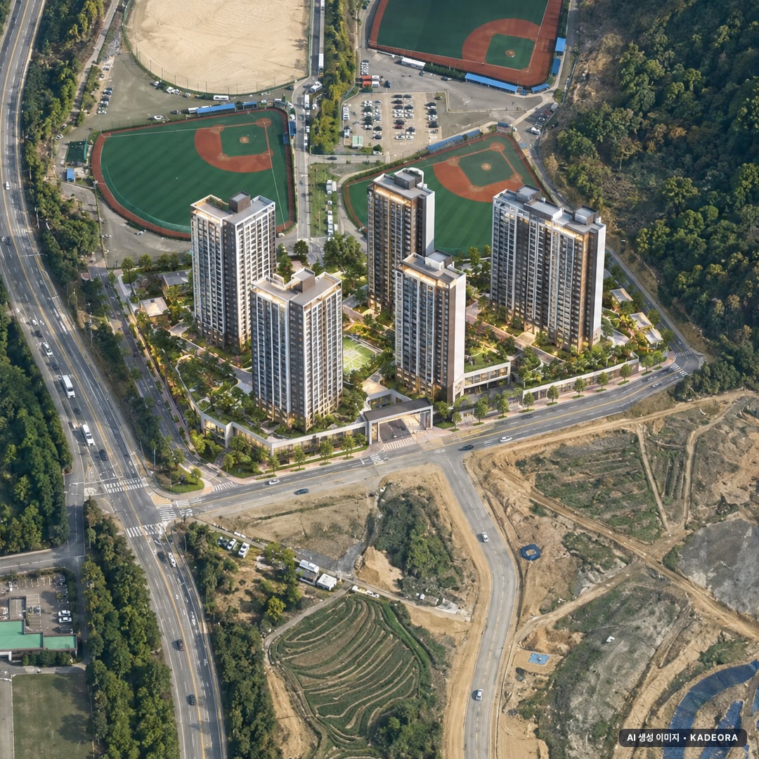 천안 동문 디 이스트 파크시티 단지 전경 AI 상상도(주간 항공) — 충남 천안시 착공 500세대