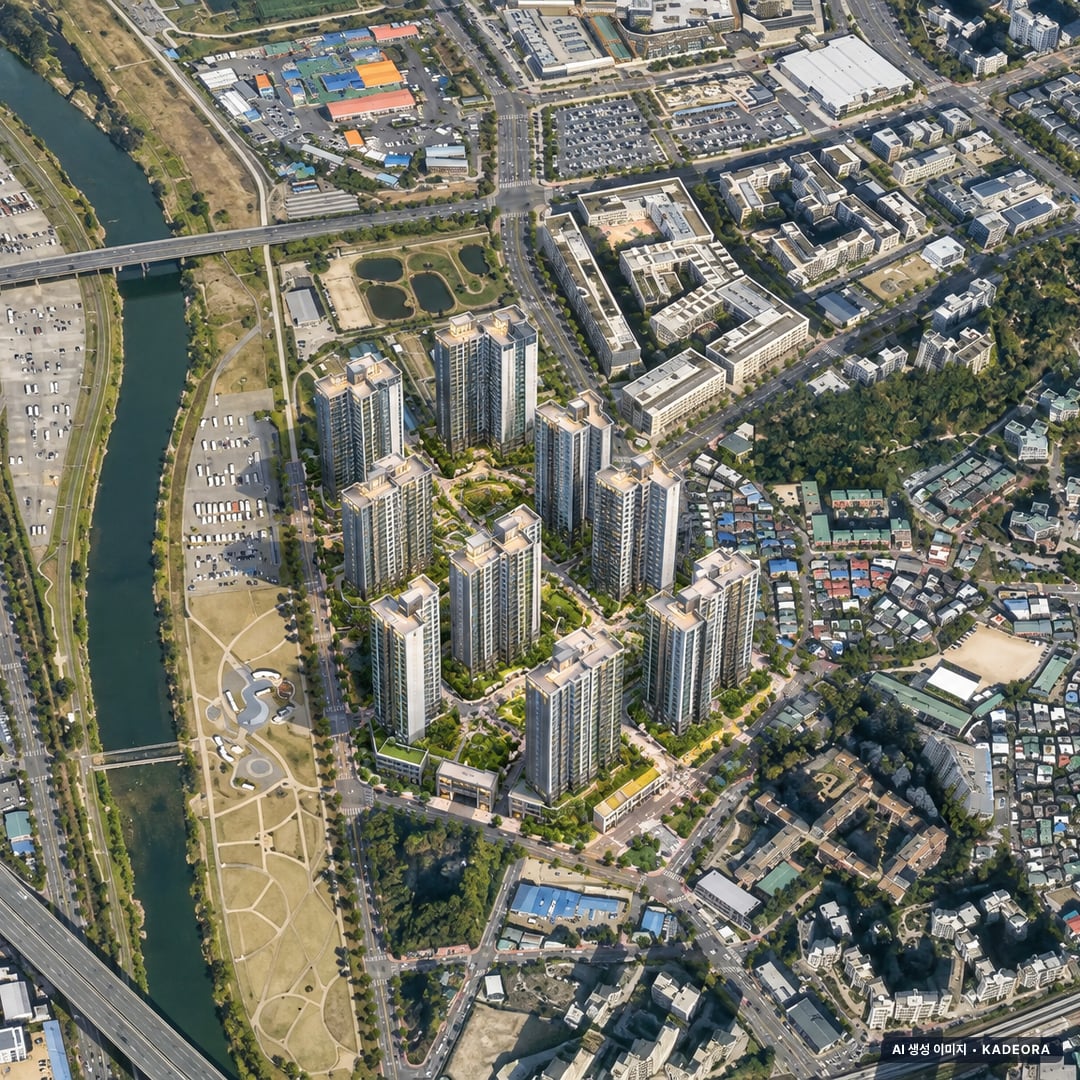 경기 남양주 다산 정비사업 조감도 AI 상상도(주간 항공) — 경기 남양주시 부지계획 1,800세대