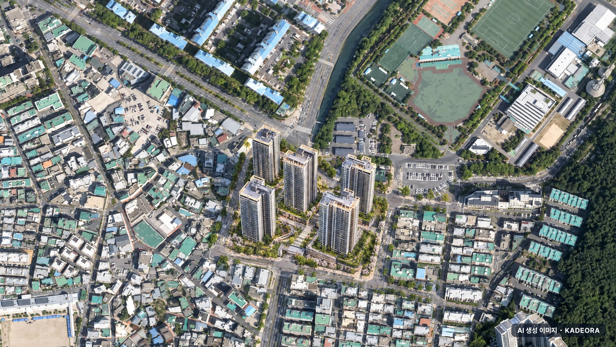 부산 남구 용호1 재건축 단지 전경 AI 상상도(주간 항공) — 부산 남구 부지계획 573세대