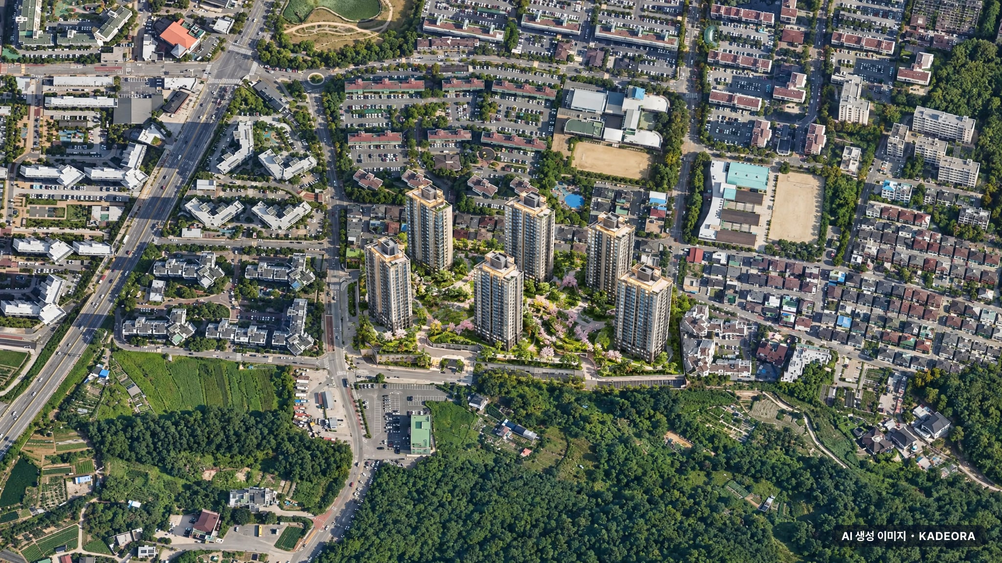 전주 라온프라이빗 퍼스티브 주간 항공 상상도 · AI 생성 이미지로 실제와 다를 수 있음 전주 라온프라이빗 퍼스티브 단지 전경 AI 상상도(주간 항공) — 전북 전주시 착공 507세대