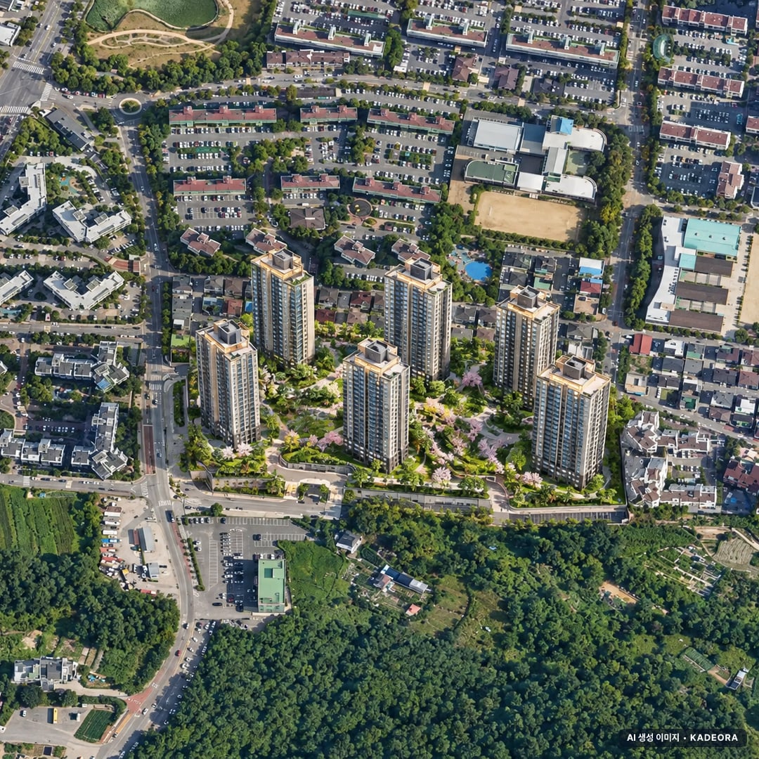 전주 라온프라이빗 퍼스티브 주간 항공 상상도 · AI 생성 이미지로 실제와 다를 수 있음 전주 라온프라이빗 퍼스티브 단지 전경 AI 상상도(주간 항공) — 전북 전주시 착공 507세대