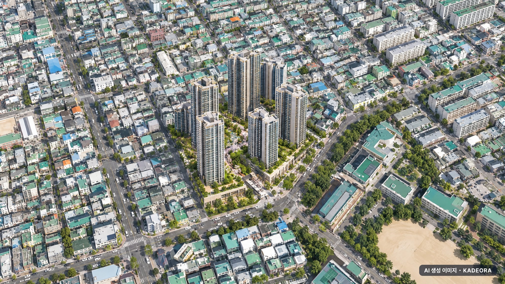 부산 동래구 사직5 재개발 조감도 AI 상상도(주간 항공) — 부산 동래구 조합설립