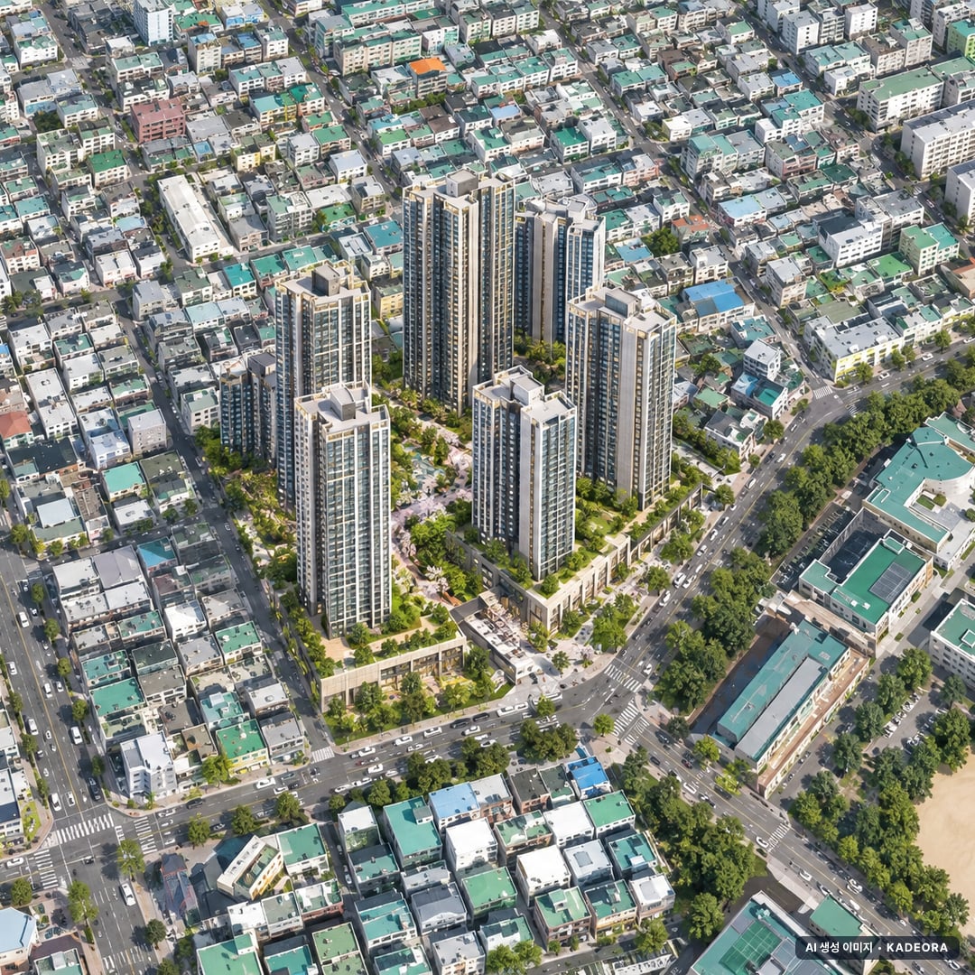 부산 동래구 사직5 재개발 조감도 AI 상상도(주간 항공) — 부산 동래구 조합설립