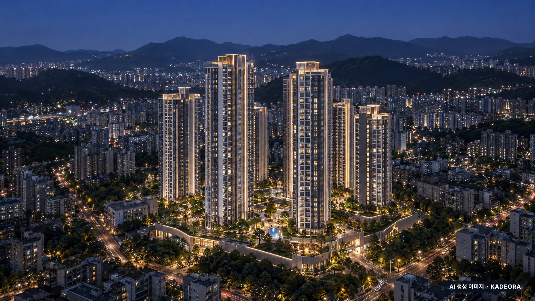부산 동래구 사직5 재개발 조감도 AI 상상도(야경) — 부산 동래구 조합설립