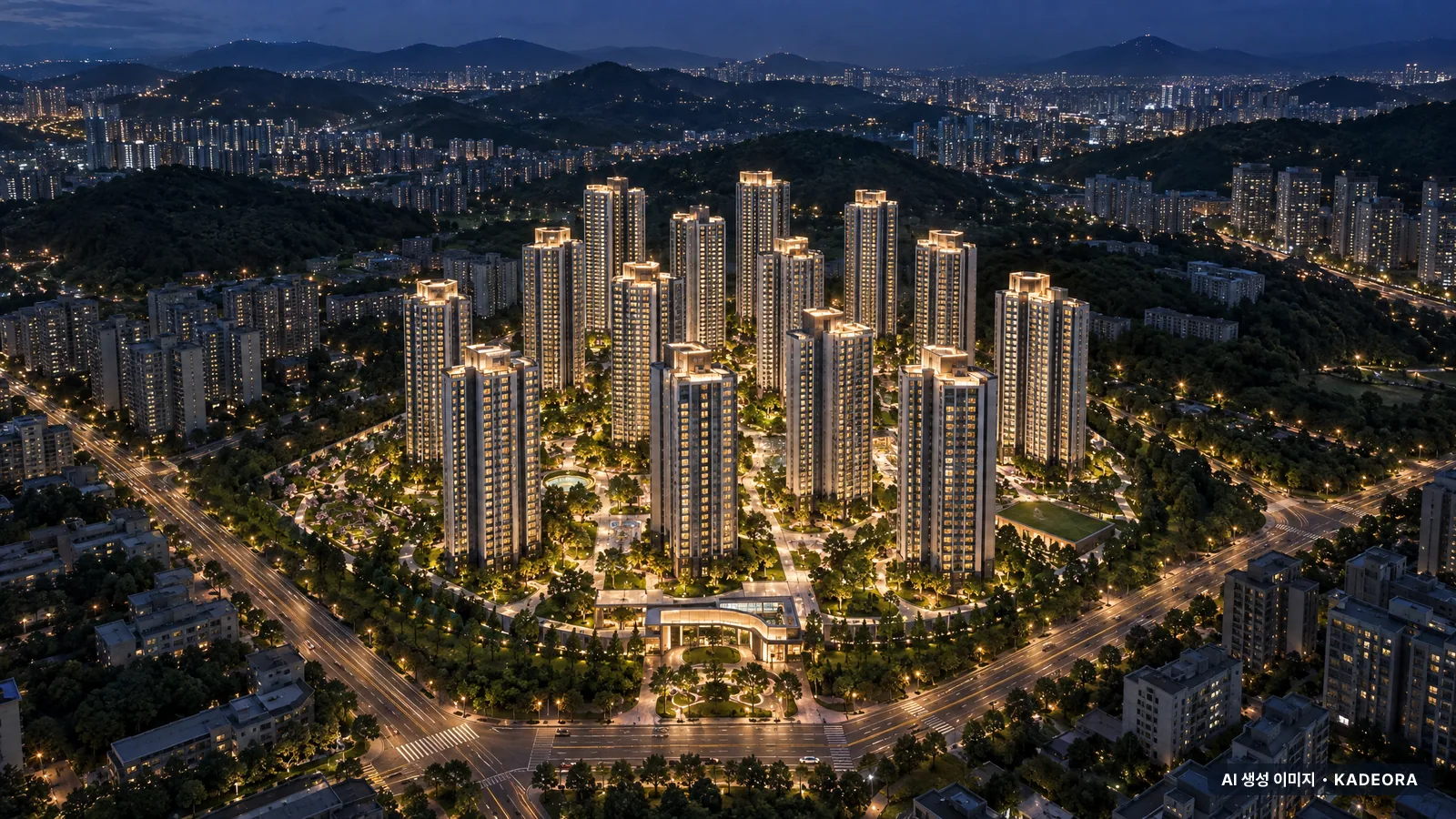 탕정 푸르지오 센터파크 16개동·최고 29층·총 1,416세대 기준 AI 상상도(야경) — 실제와 다를 수 있음