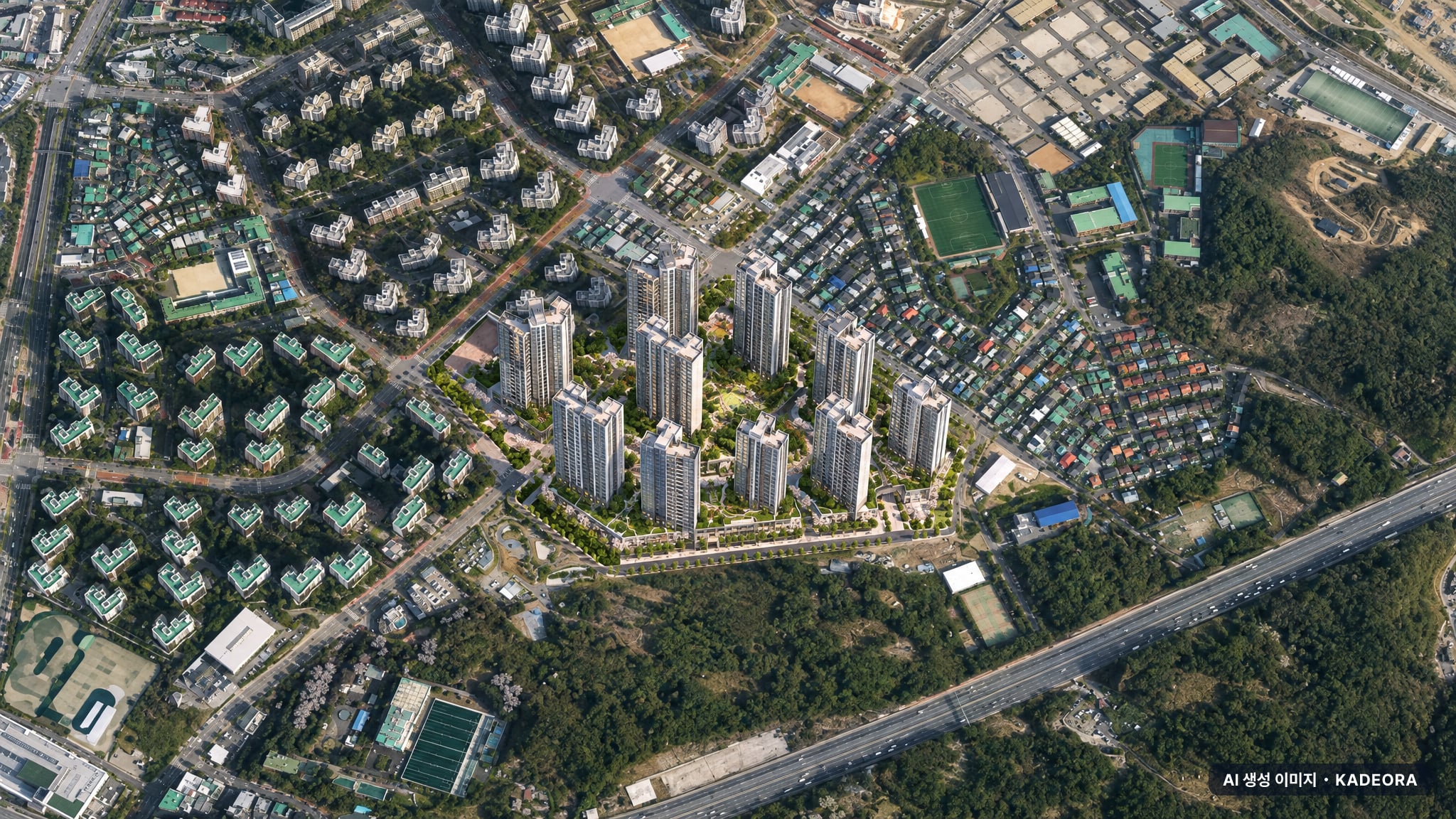 의왕시 내손다구역 조감도 AI 상상도(주간 항공) — 경기 의왕시 착공 2,498세대