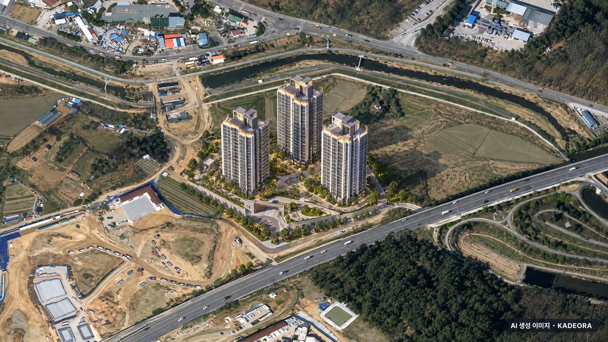 용인 푸르지오 원클러스터 3단지 단지 전경 AI 상상도(주간 항공) — 경기 용인시 착공 239세대