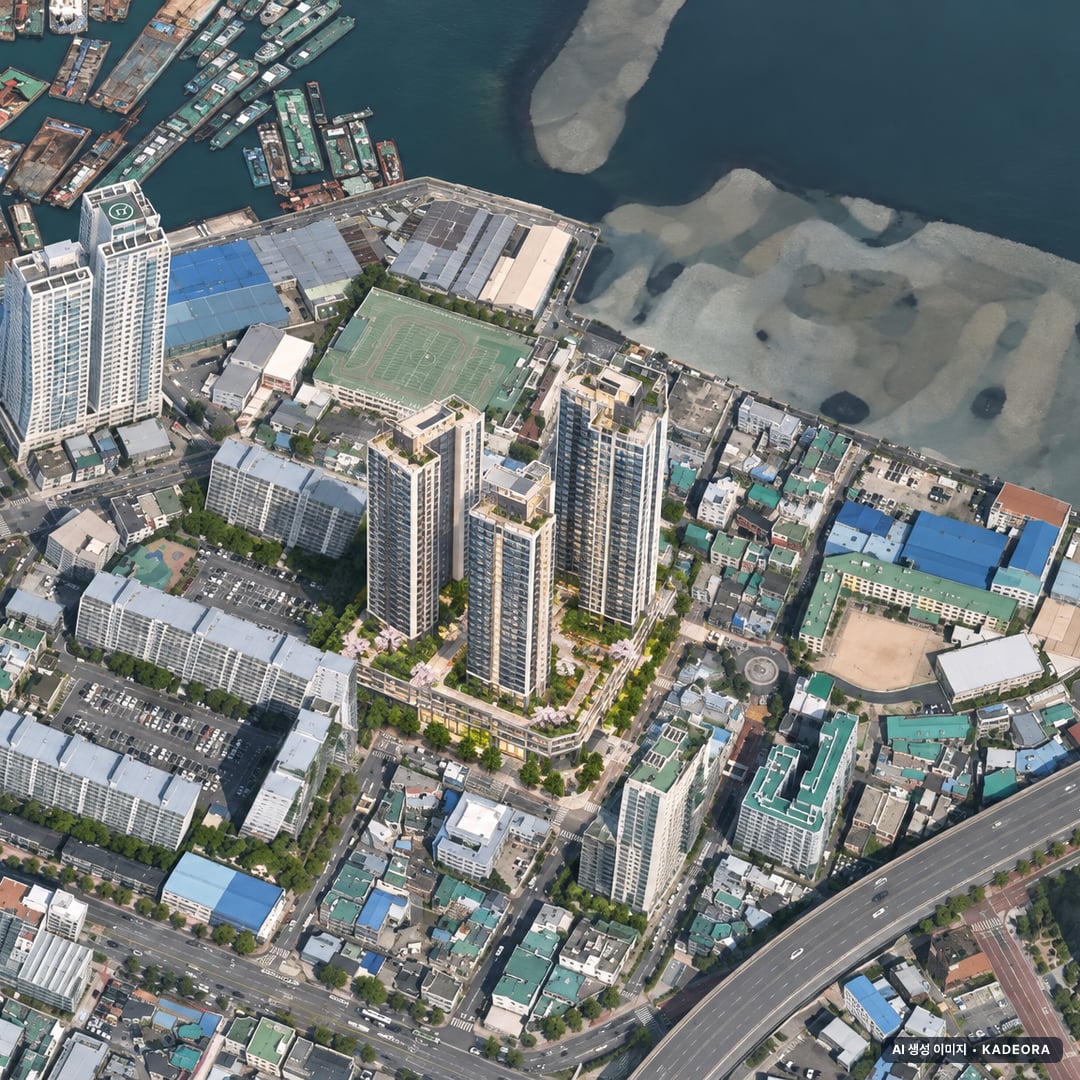 부산 영도구 봉래동3가 137번지 일원 가로주택정비 조감도 AI 상상도(주간 항공) — 부산 영도구 조합설립 280세대
