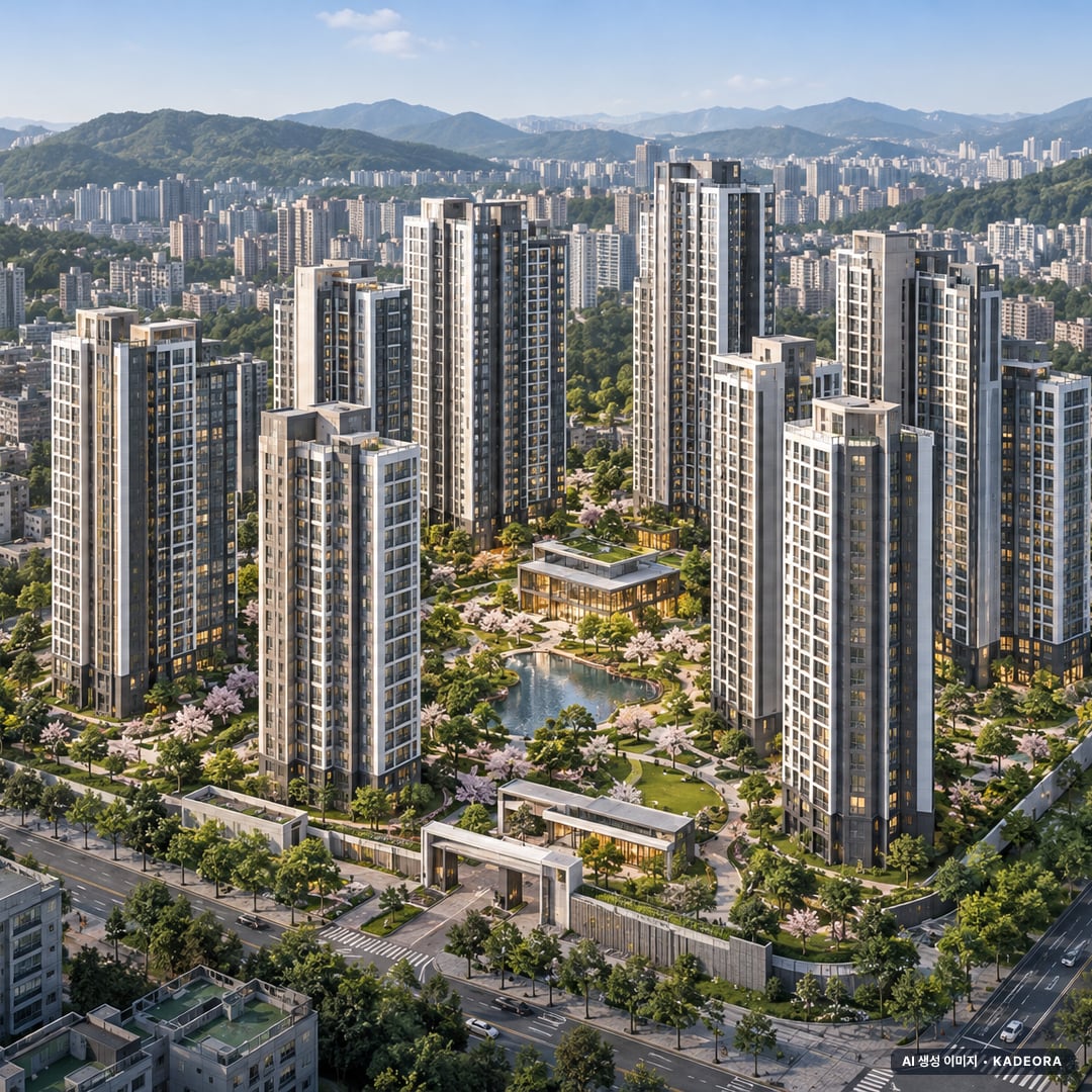 경기 김포 장기동 재개발 단지 전경 AI 상상도(주간 항공) — 경기 김포시 부지계획 1,100세대