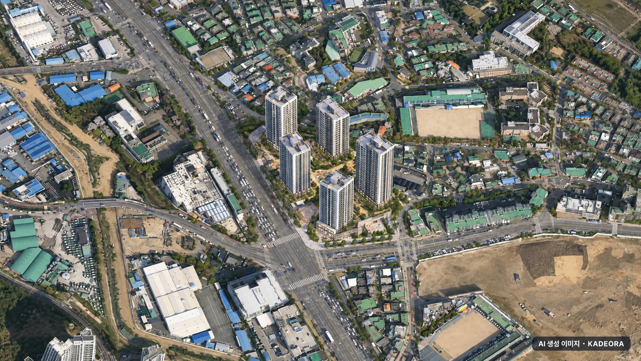 의왕시 오전라구역 조감도 AI 상상도(주간 항공) — 경기 의왕시 조합설립 477세대