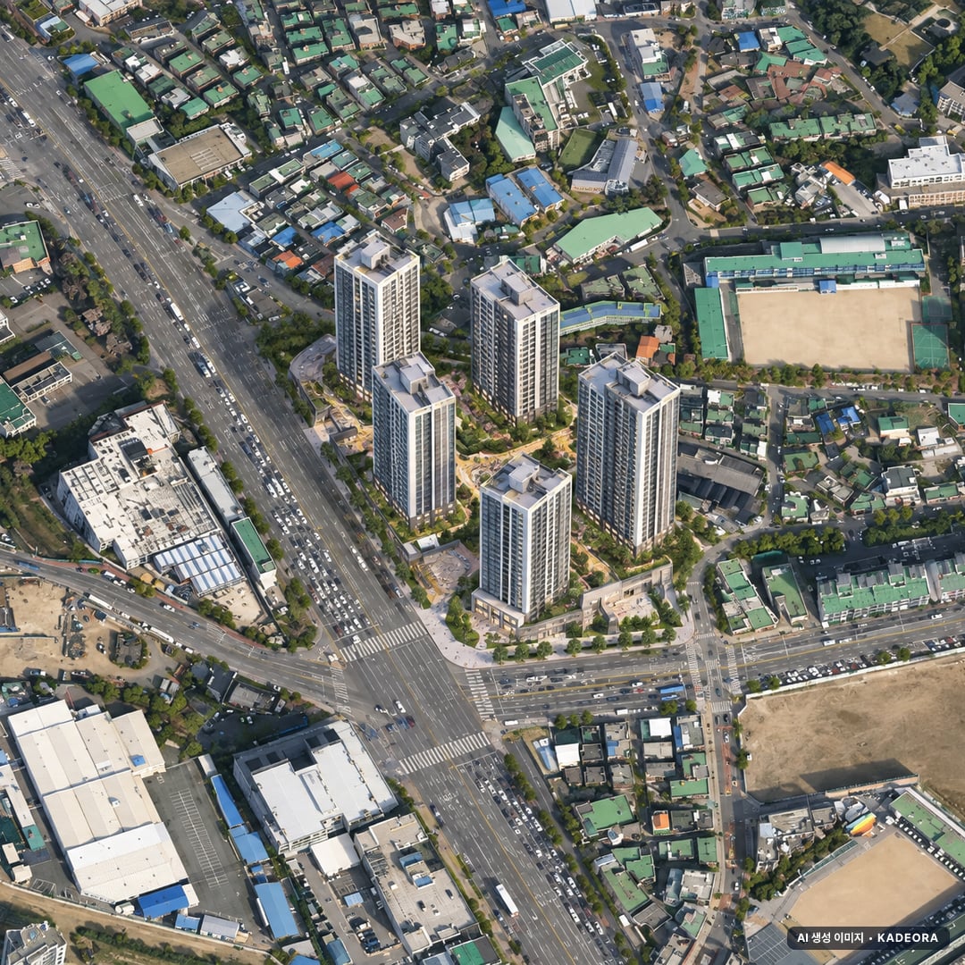 의왕시 오전라구역 조감도 AI 상상도(주간 항공) — 경기 의왕시 조합설립 477세대