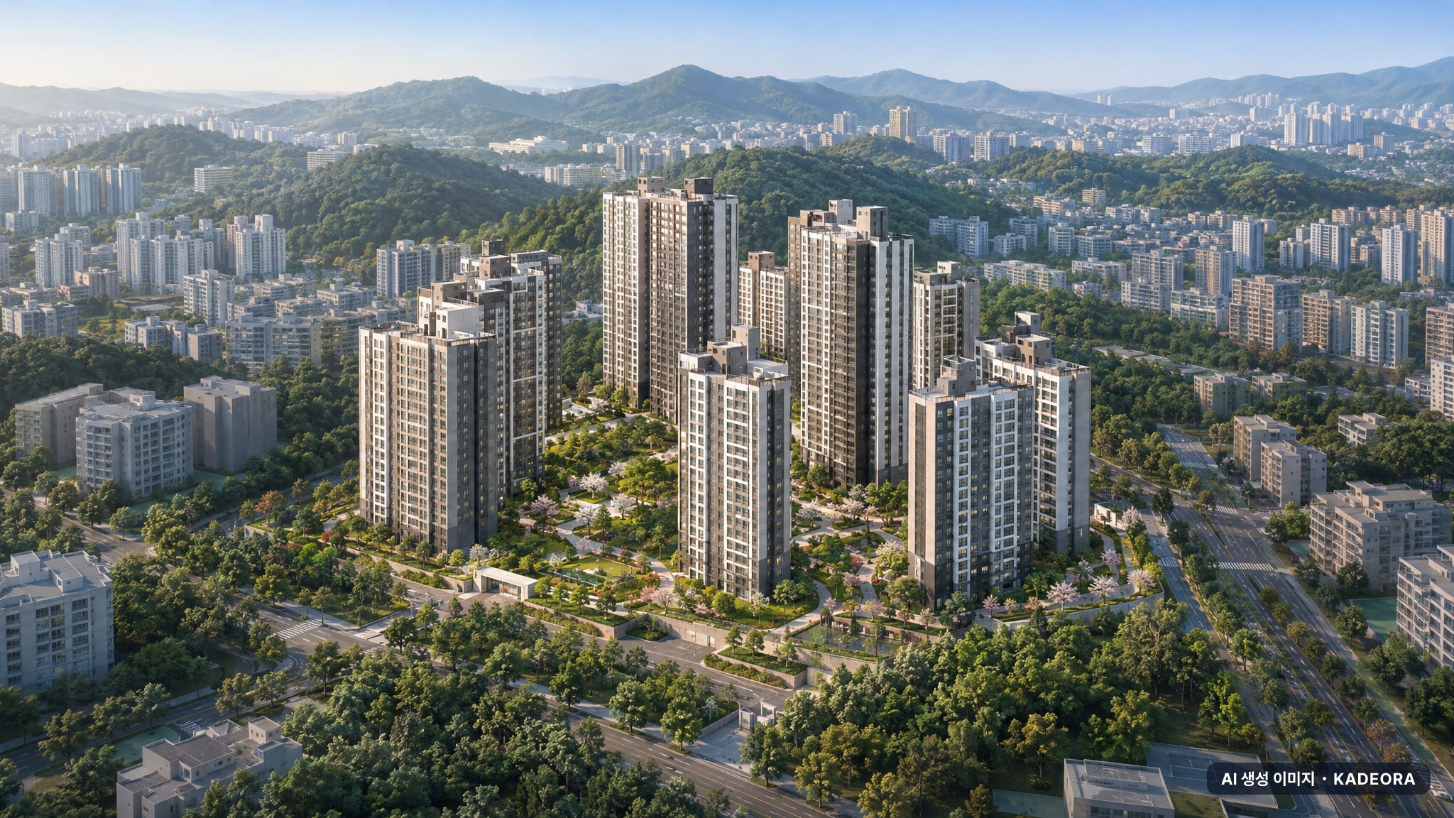 마곡스카이온 주간 항공 상상도 · AI 생성 이미지로 실제와 다를 수 있음 마곡스카이온 단지 전경 AI 상상도(주간 항공) — 강서구