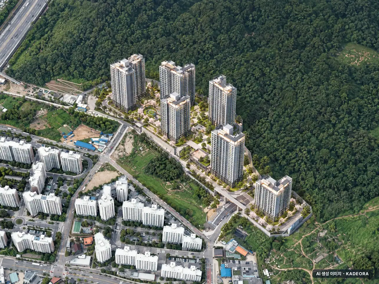 운암산공원 우미린 리버포레 6개동·최고 29층·총 734세대(이번 660세대 공급) 기준 AI 상상도(주간 항공) — 실제와 다를 수 있음