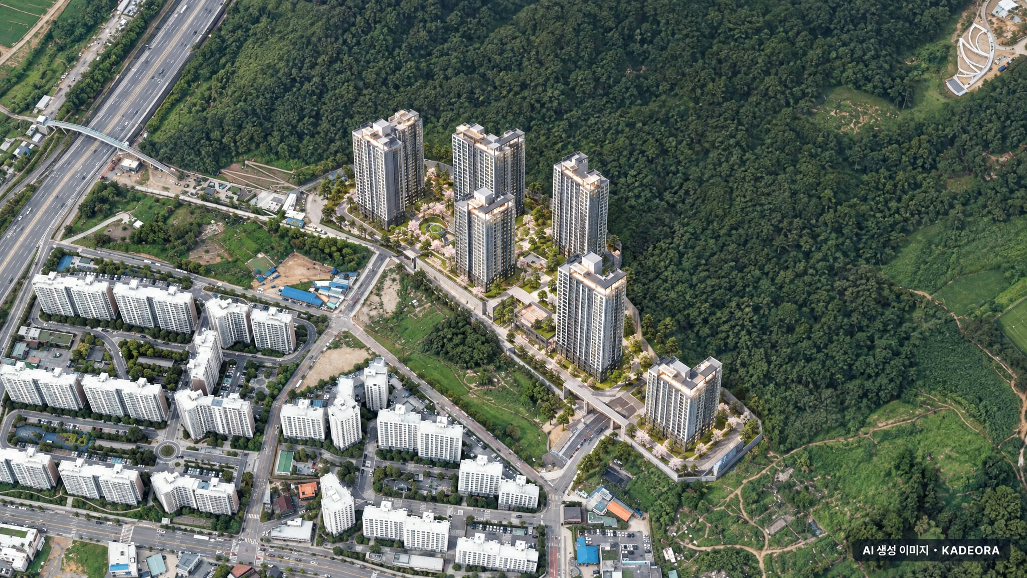 운암산공원 우미린 리버포레 단지 전경 AI 상상도(주간 항공) — 광주 북구 착공 660세대