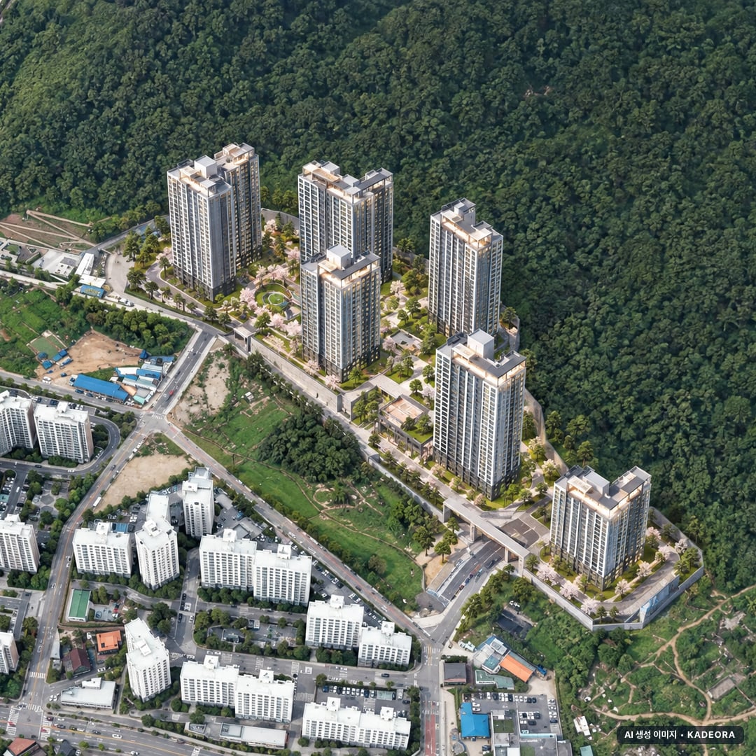 운암산공원 우미린 리버포레 단지 전경 AI 상상도(주간 항공) — 광주 북구 착공 660세대