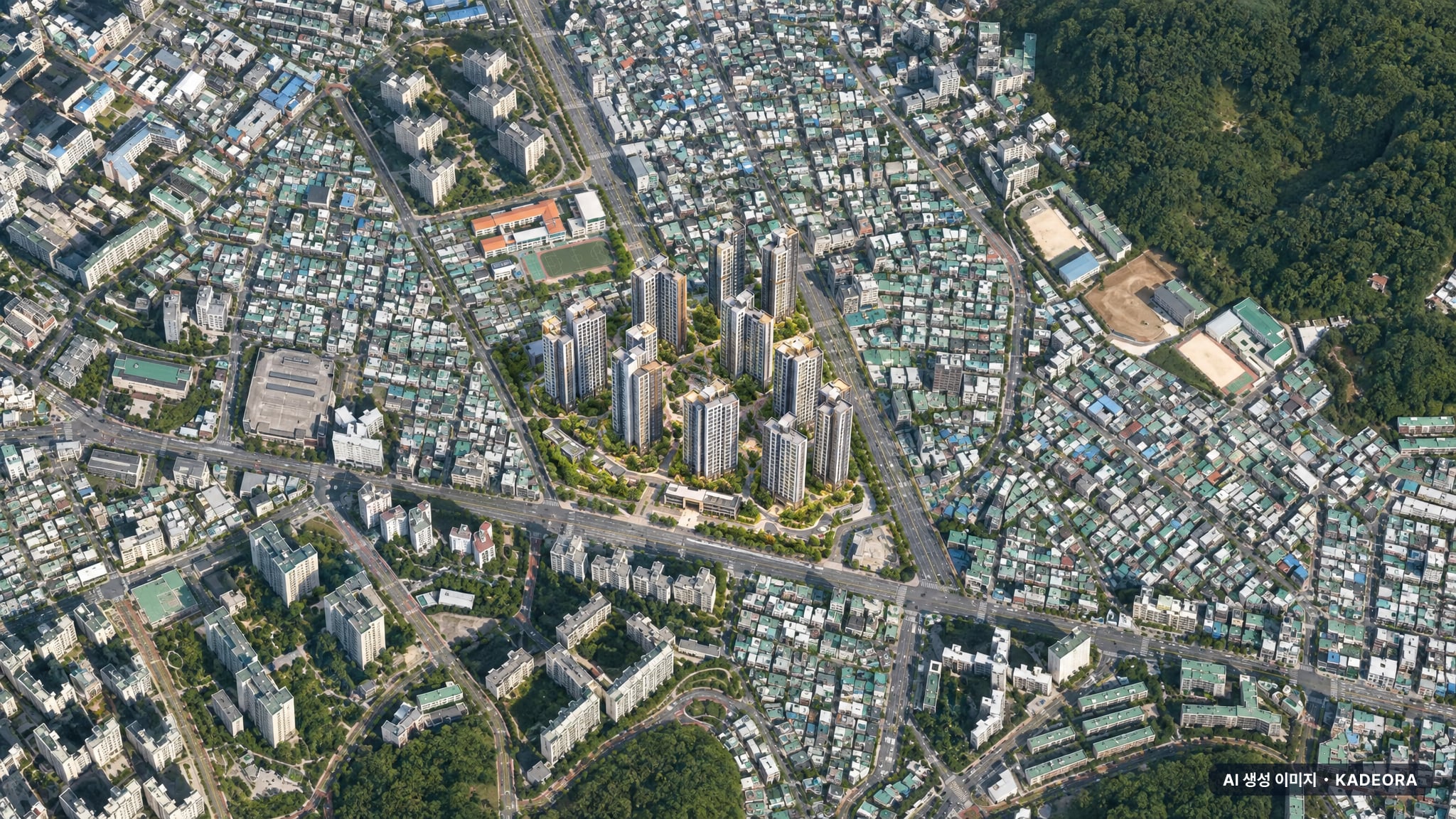부산 연제구 연산12 재개발 주간 항공 상상도 · AI 생성 이미지로 실제와 다를 수 있음 부산 연제구 연산12 재개발 조감도 AI 상상도(주간 항공) — 부산 연제구 부지계획 2,068세대