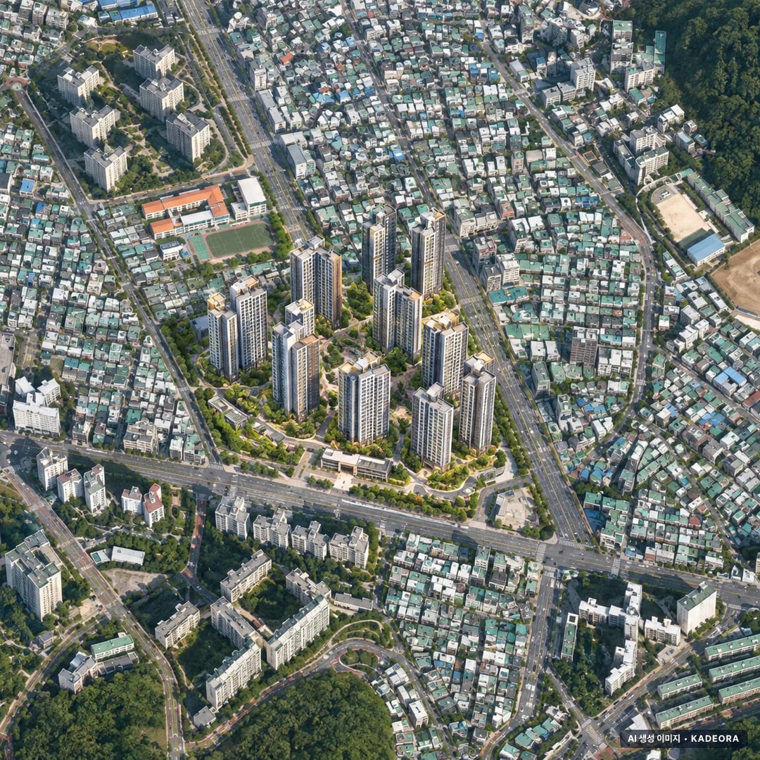 부산 연제구 연산12 재개발 조감도 AI 상상도(주간 항공) — 부산 연제구 부지계획 2,068세대