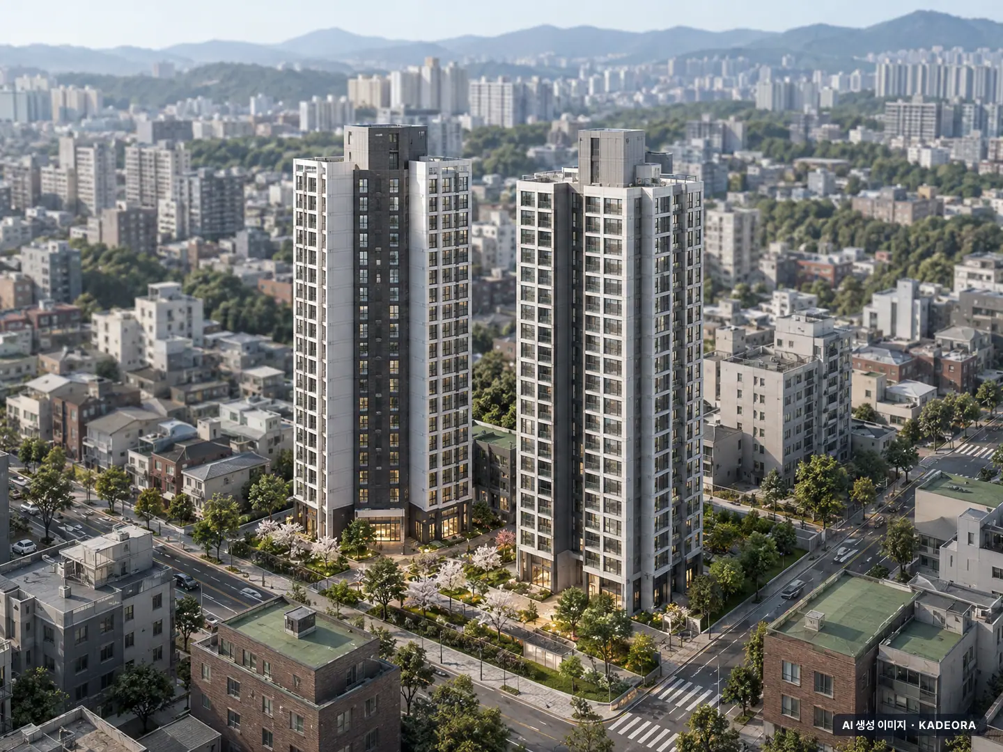 연산 센텀 월드메르디앙 2개동·최고 24층·총 236세대(이번 144세대 공급) 기준 AI 상상도(주간 항공) — 실제와 다를 수 있음