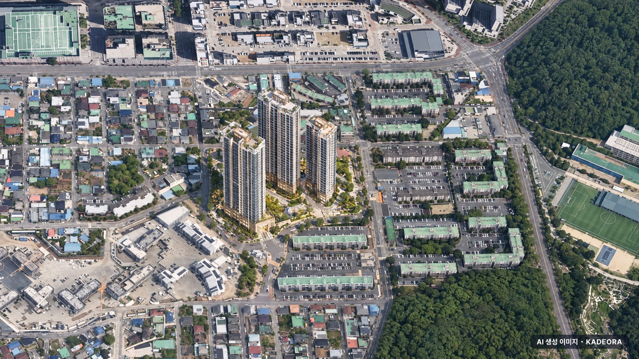 군산 세경아파트 우선분양전환 후 잔여세대 주간 항공 상상도 · AI 생성 이미지로 실제와 다를 수 있음 군산 세경아파트 우선분양전환 후 잔여세대 조감도 AI 상상도(주간 항공) — 전북 군산시 착공 153세대