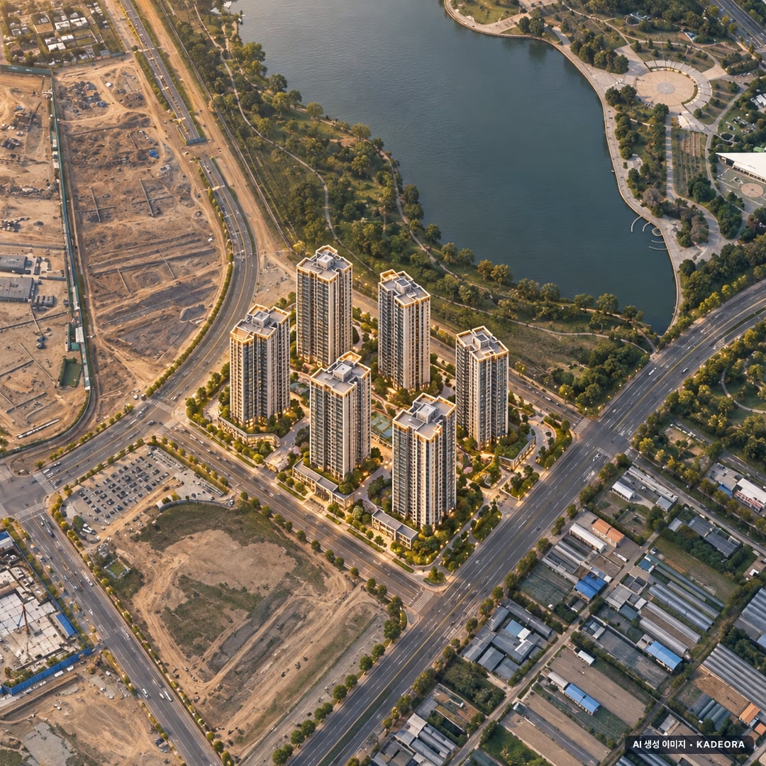 고양 장항 카이브 유보라 최고 49층·총 1,694세대 기준 AI 상상도(노을 항공) — 실제와 다를 수 있음