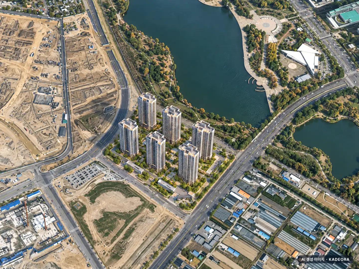 고양 장항 카이브 유보라 6개동·최고 49층·총 1,694세대 기준 AI 상상도(주간 항공) — 실제와 다를 수 있음