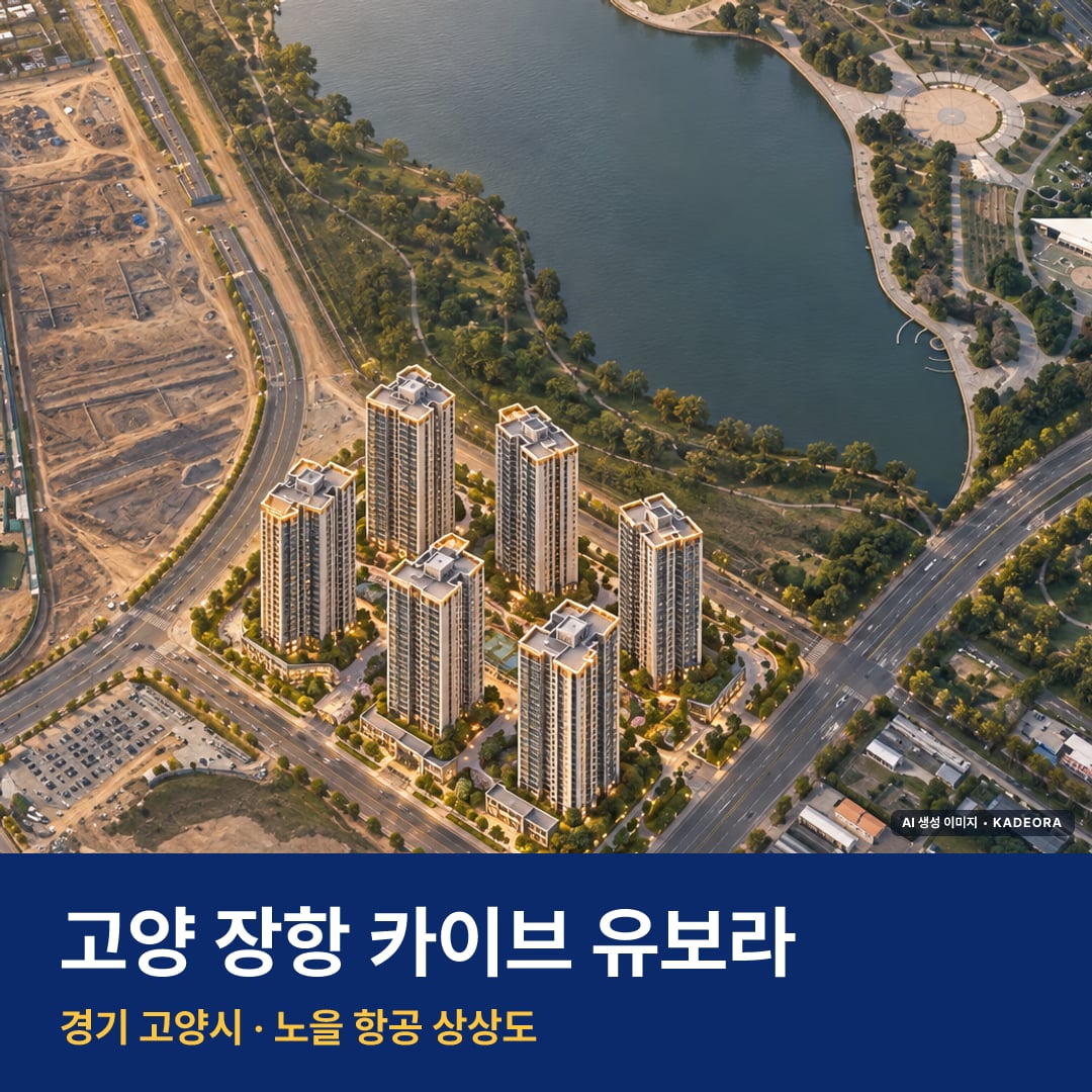 고양 장항 카이브 유보라 재개발 고양 장항 카이브 유보라 단지 전경 AI 상상도 — 고양시 장항동 1,694세대 — AI 생성 상상도 · 실제와 다를 수 있음