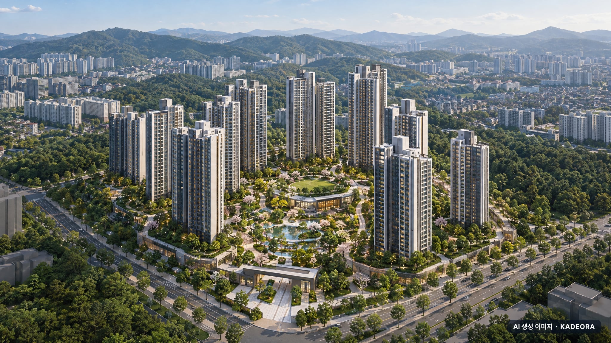 펜타힐즈 더블유 1단지 단지 전경 AI 상상도(주간 항공) — 경북 경산시 착공 1,712세대