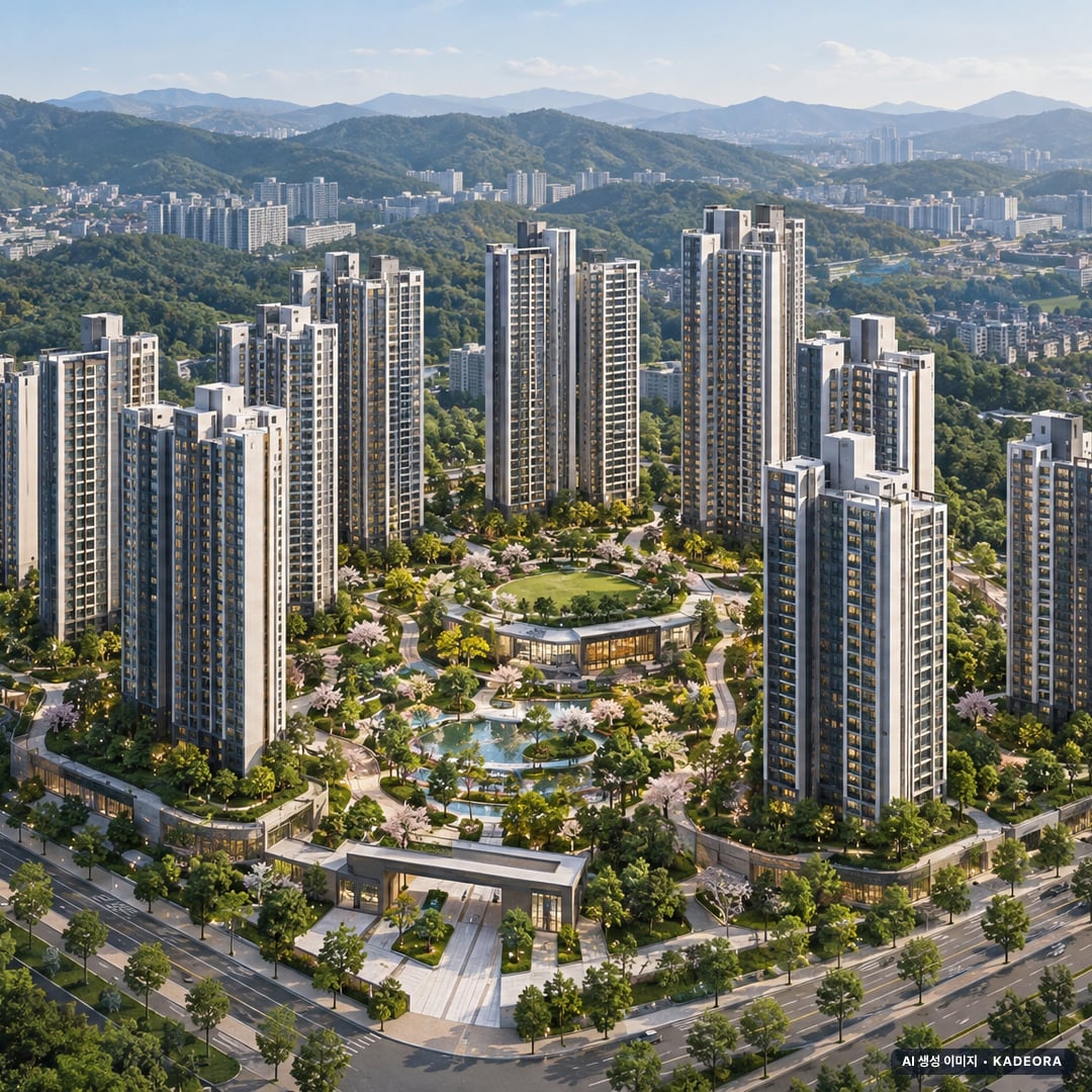 펜타힐즈 더블유 1단지 단지 전경 AI 상상도(주간 항공) — 경북 경산시 착공 1,712세대