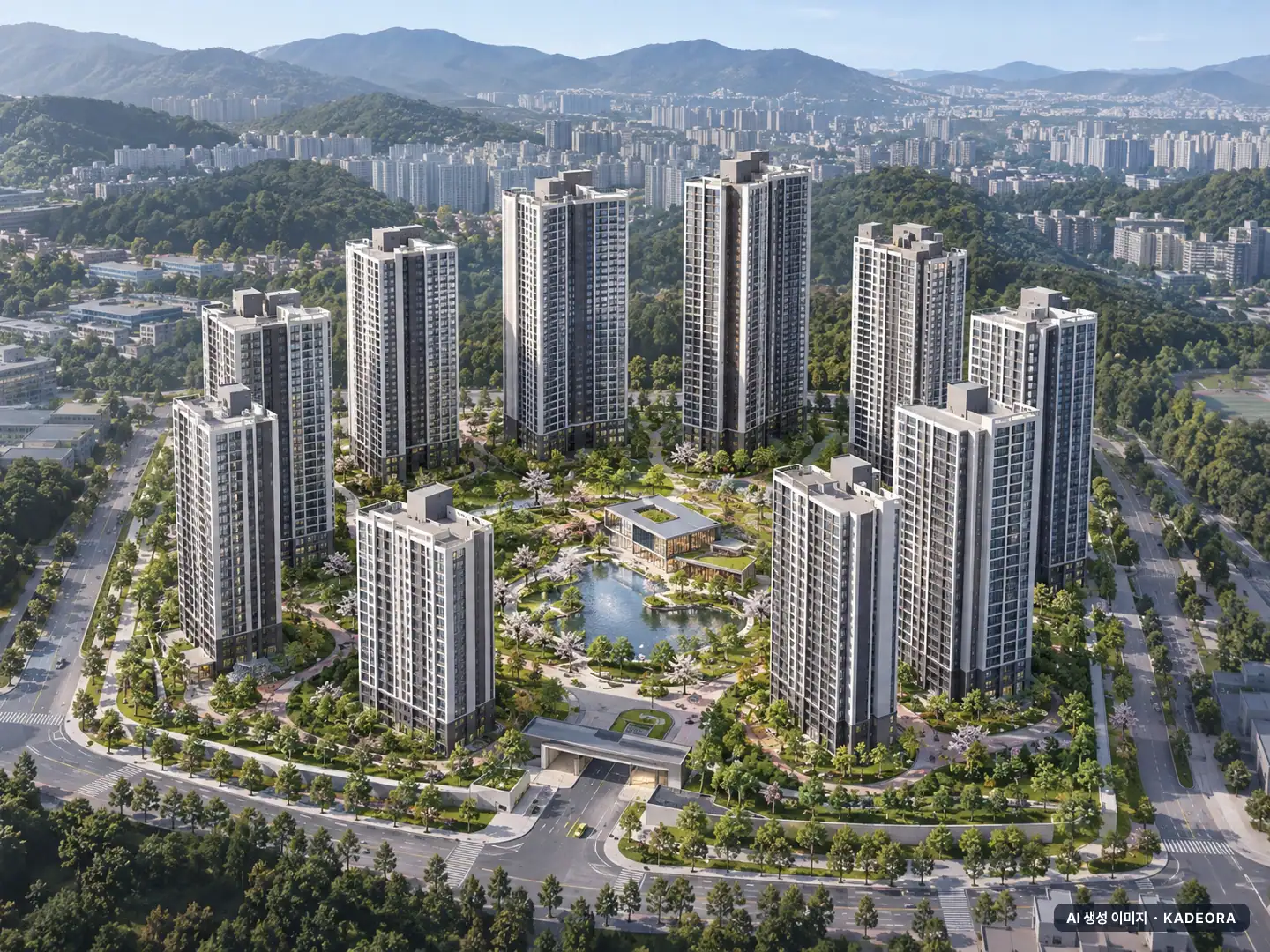 힐스테이트 도안리버파크 1단지 11개동·최고 34층·총 1,124세대(이번 891세대 공급) 기준 AI 상상도(주간 항공) — 실제와 다를 수 있음