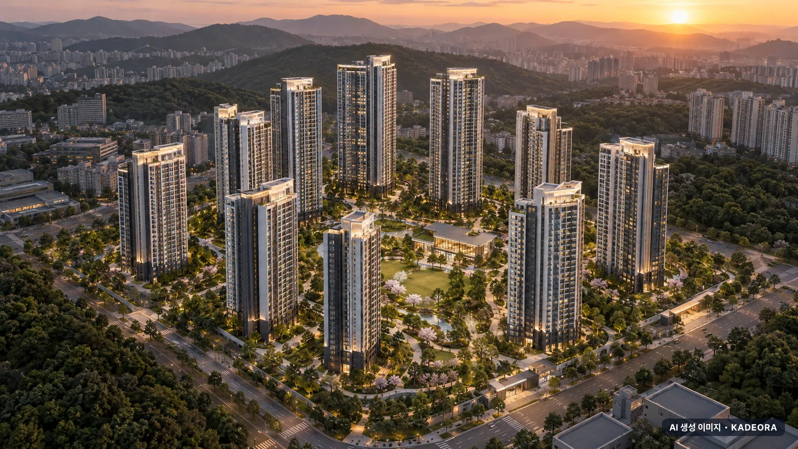 힐스테이트 도안리버파크 1단지 단지 전경 AI 상상도(저녁) — 유성구 아파트 분양